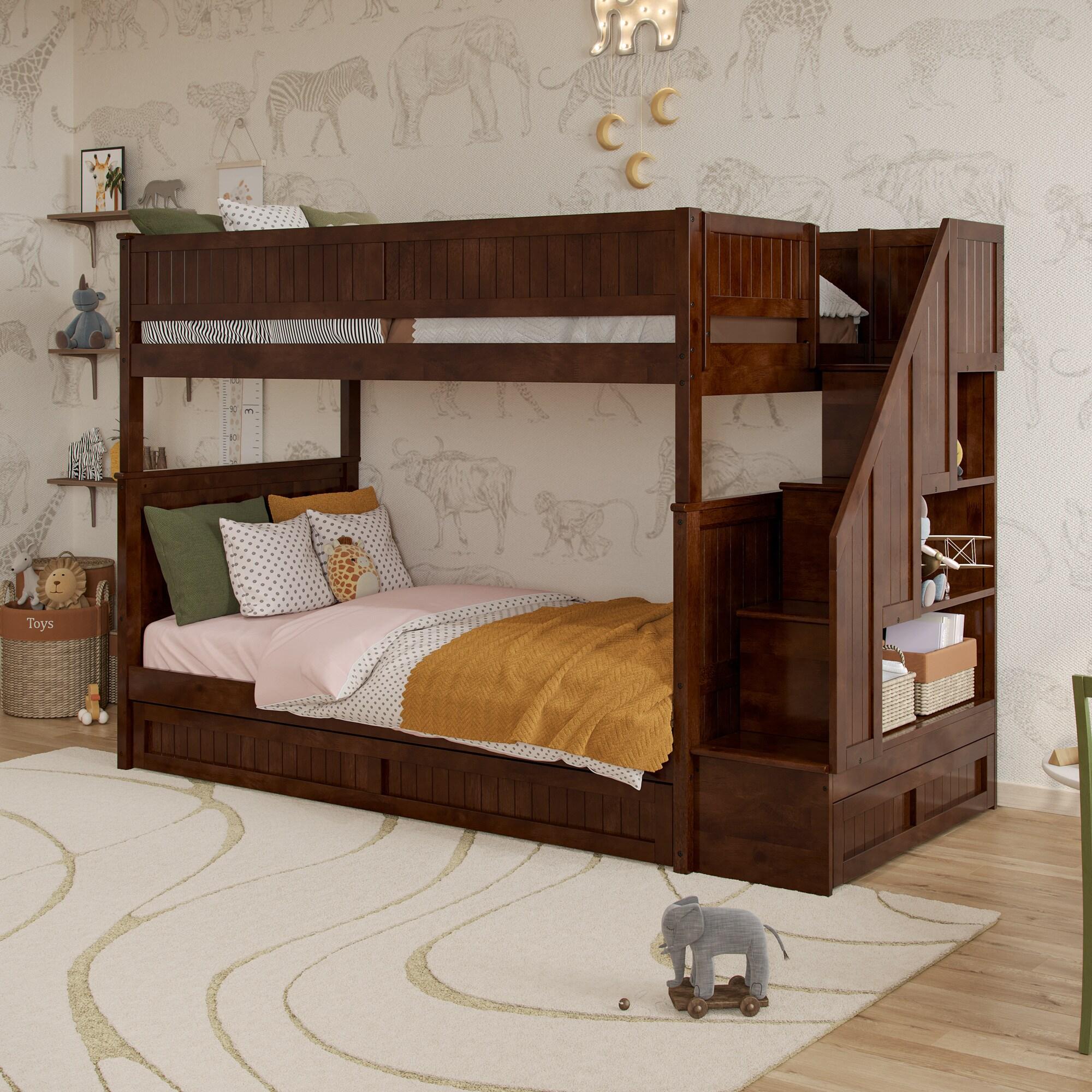 Walnut Twin Over Twin Bunk Bed with Storage Drawer and Trundle