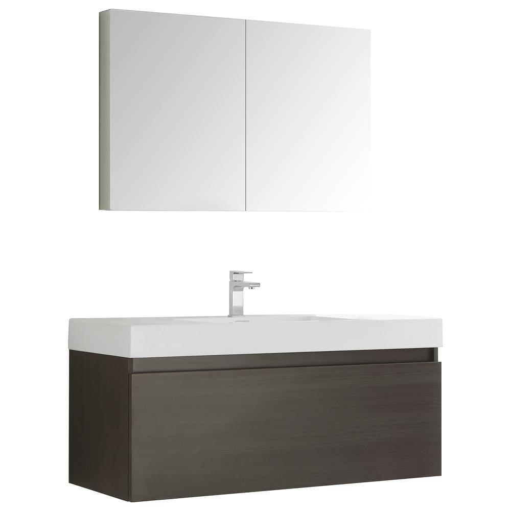 Gray Oak Wall Hung Vanity with Integrated Sink and Medicine Cabinet