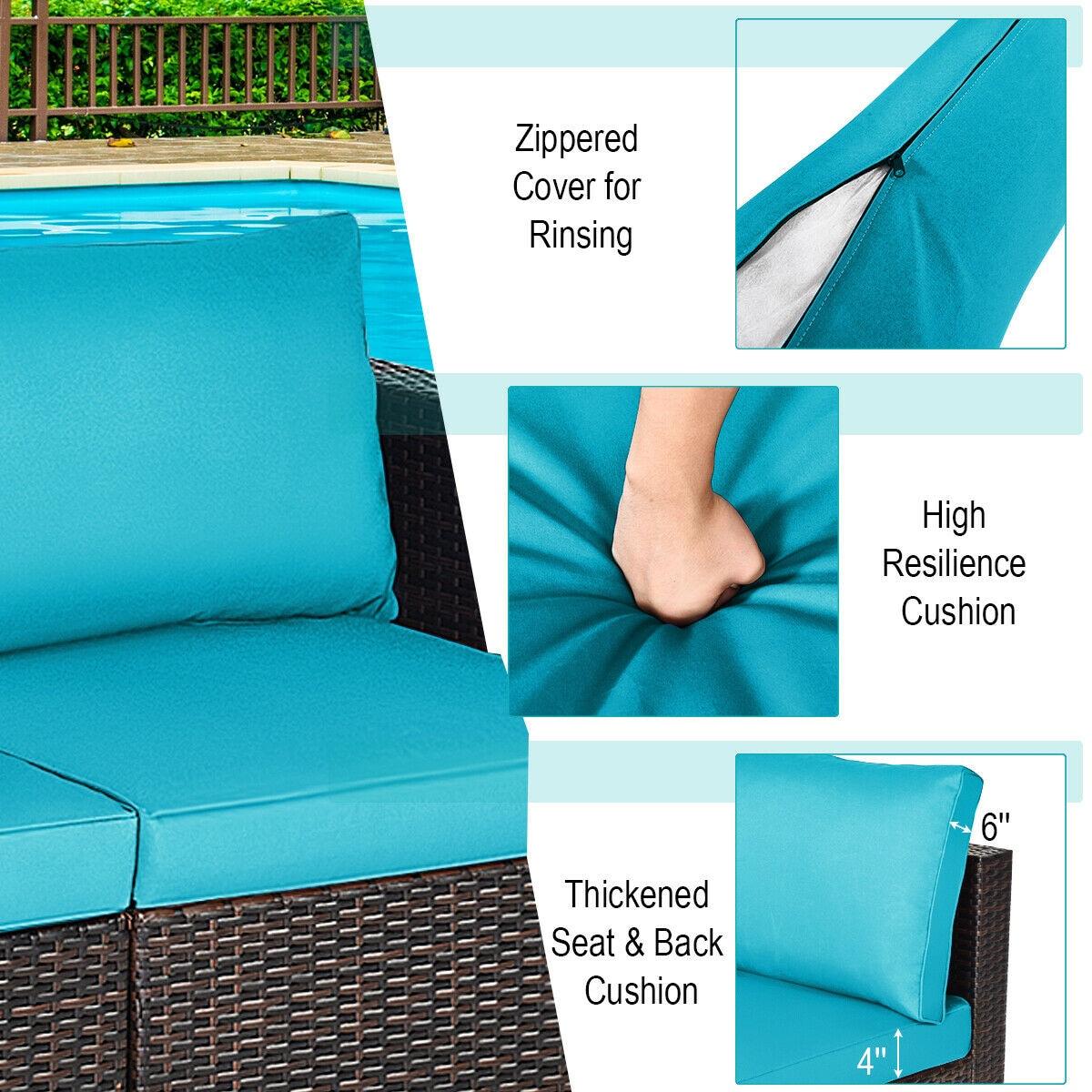Costway 2PCS Patio Rattan Corner Sofa Sectional Furniture Blue Cushion