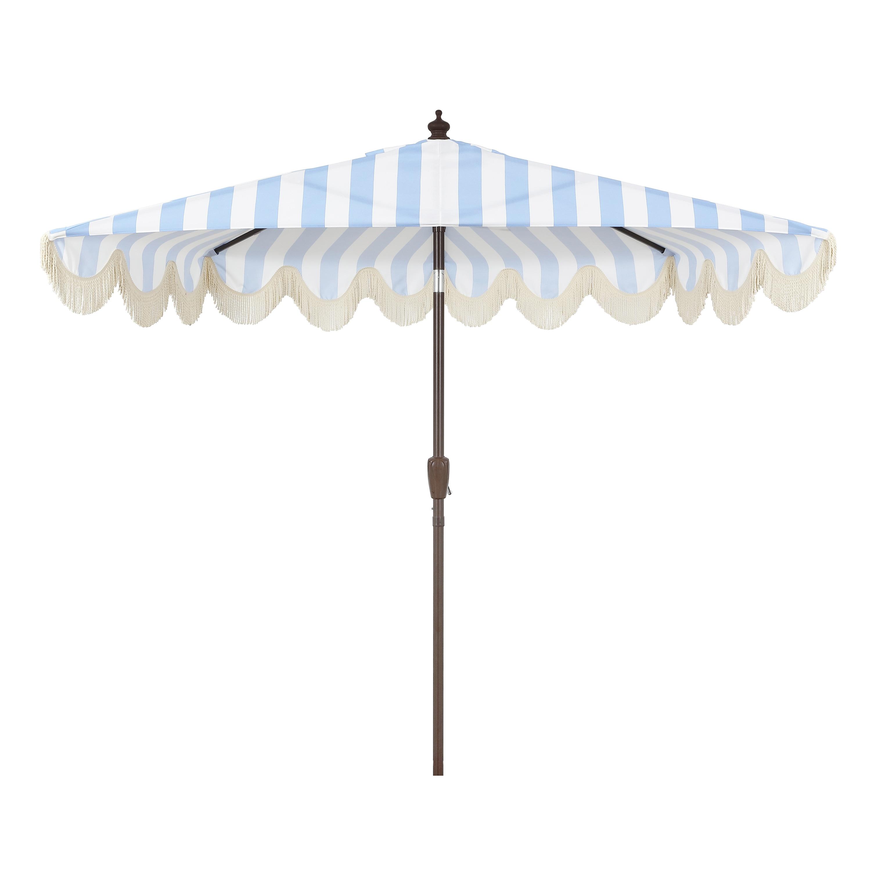 JONATHAN Y Beverly 9 ft. Designer Classic Scalloped Fringe Half Market Patio Umbrella w/ Crank, Push Button Tilt and UV Protection in Light Blue/White