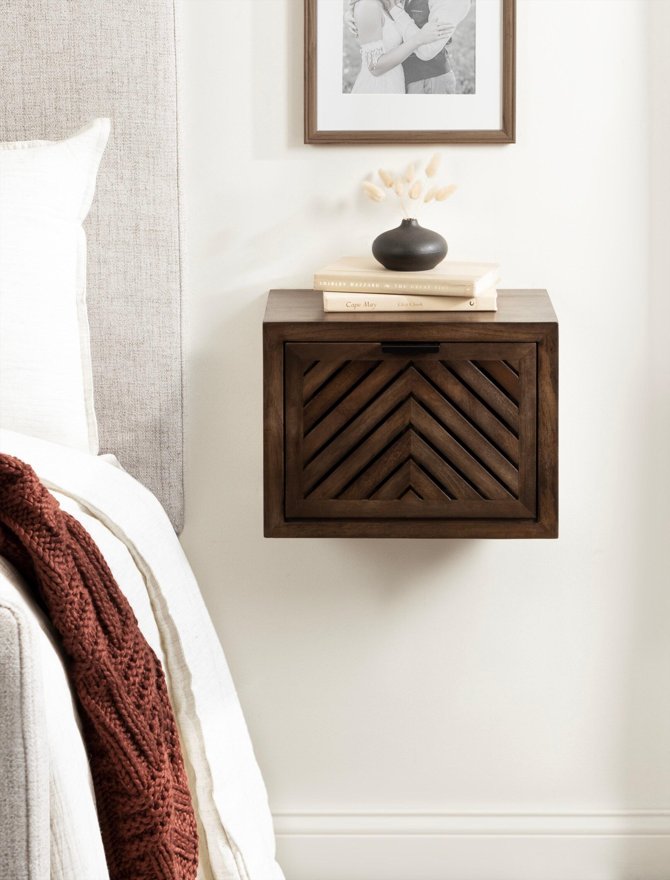 Kate and Laurel Mezzeta Modern Floating Shelf Side Table with Storage Cubby, 16 x 10 x 12, Natural Wood, Decorative Slatted Wood Floating Nightstand with Pull Down Door for Use as Bathroom Storage