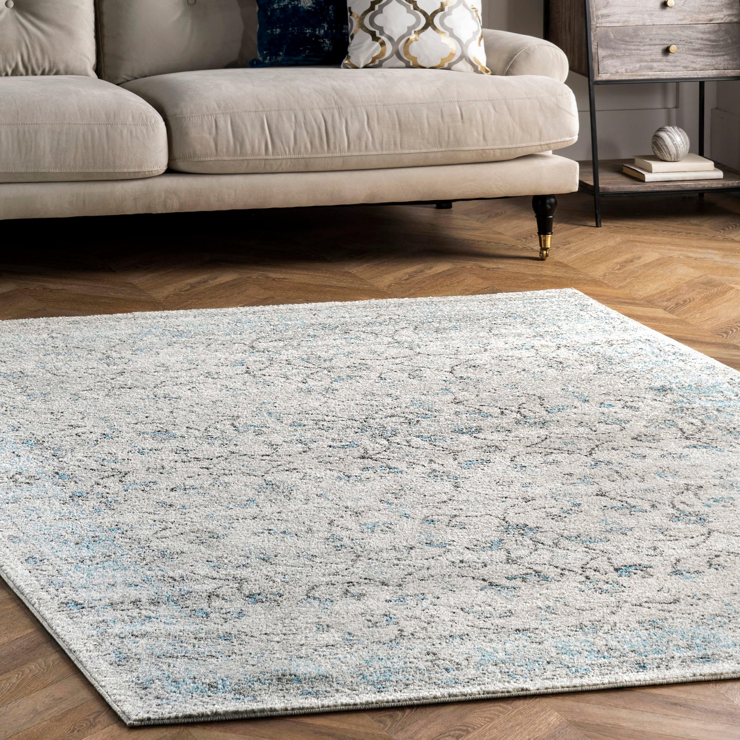 Aqua and Gray Floral Synthetic Reversible Runner Rug, 2' x 6'