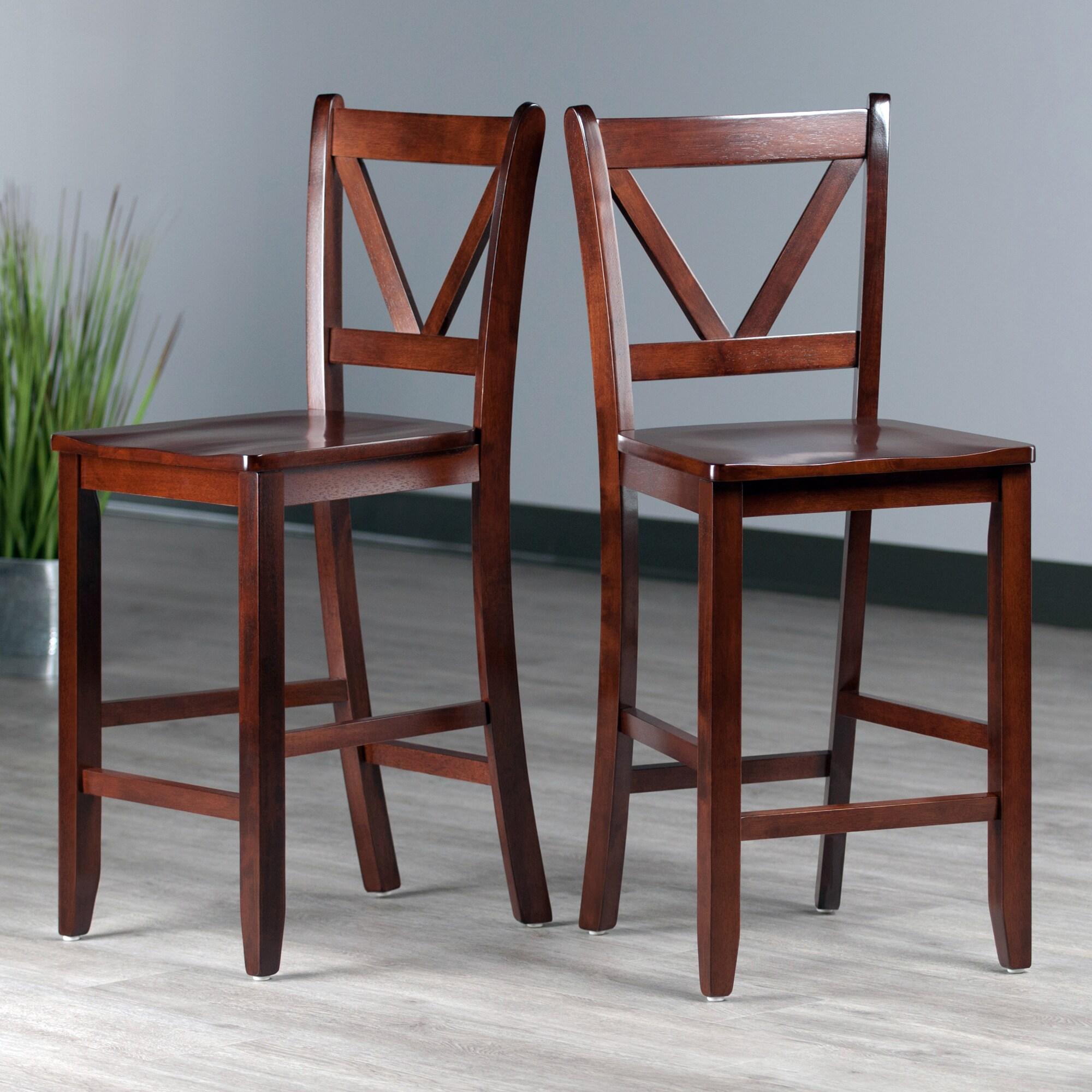 24" Set of 2 Victor V-Back Counter Height Barstool Wood/Walnut - Winsome