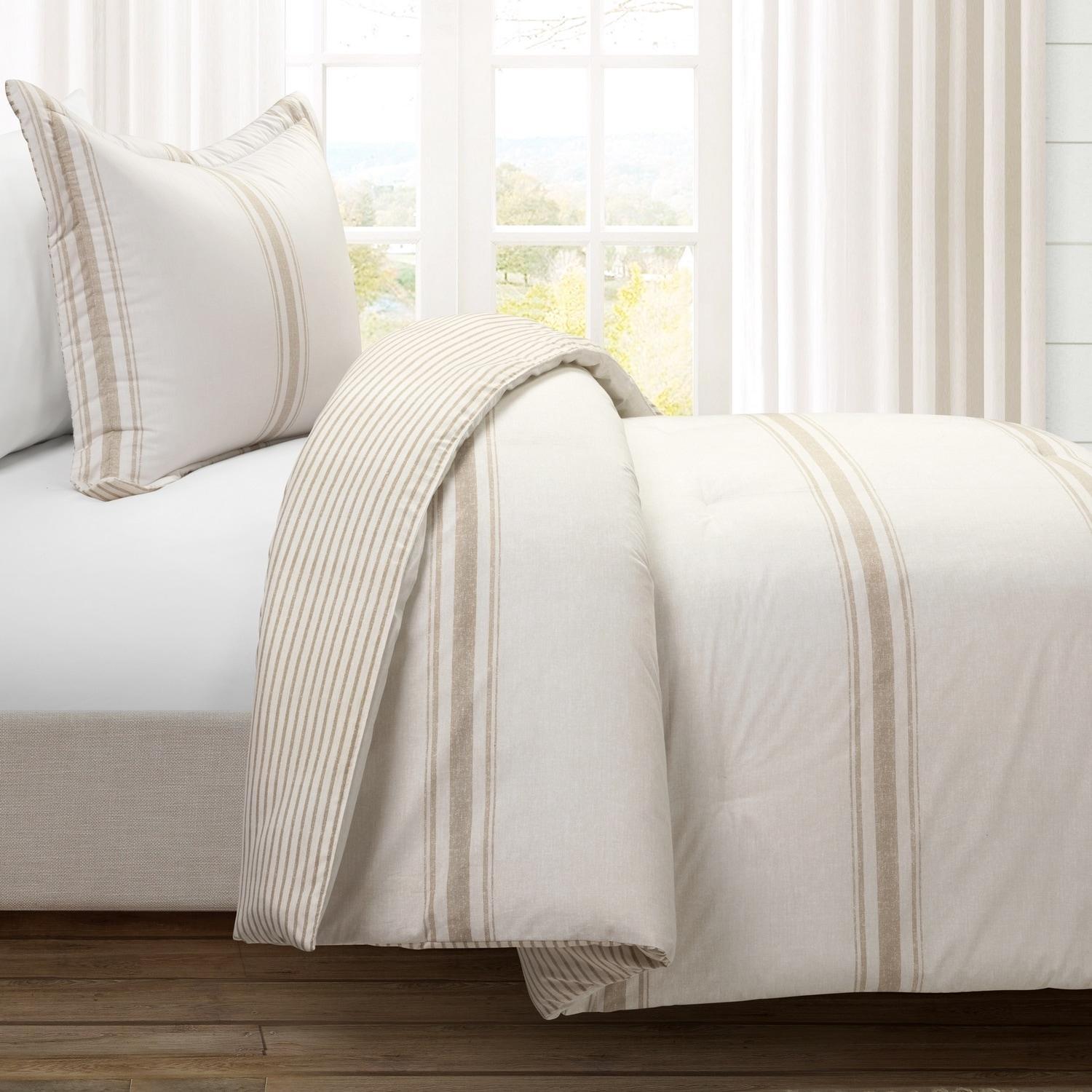 2pc Twin/Twin Extra Long Farmhouse Stripe Reversible Comforter & Sham Set Neutral - Lush Décor: Year-Round Plain Weave