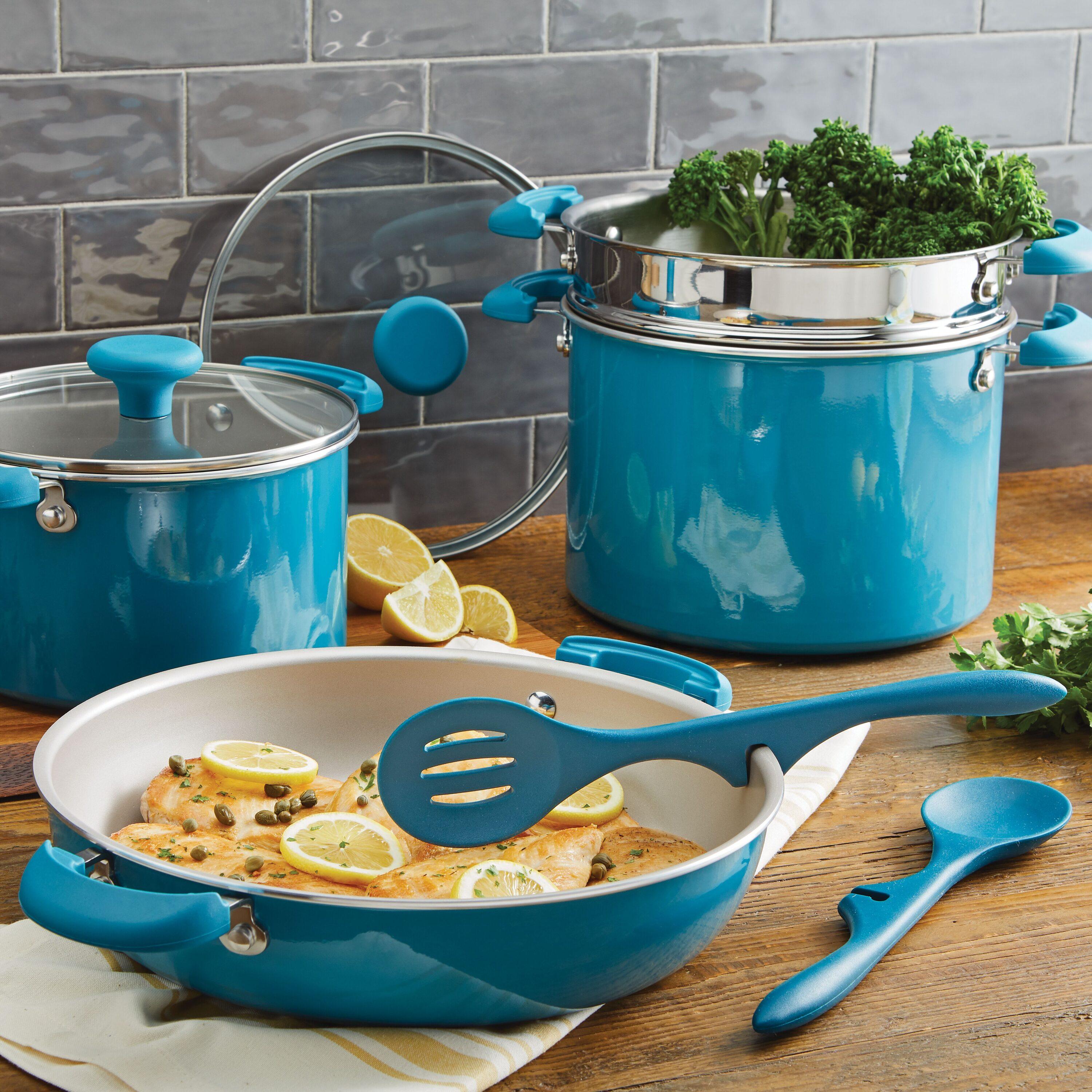 Rachael Ray 8 Piece Get Cooking! Stackable Nonstick Pots and Pans, Turquoise