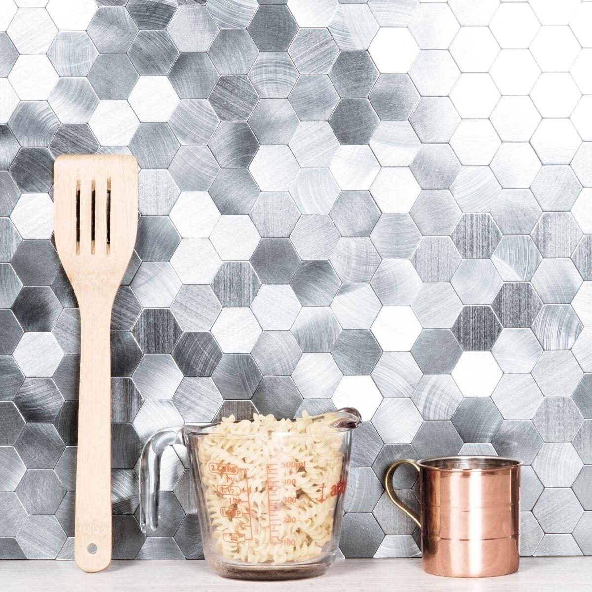 Abolos- Enchanting Hexagon Wall Backsplash 1.5" x 1.5" Peel and Stick Metal Mosaic Tile in Silver (19.80sqft / 22pc Box)
