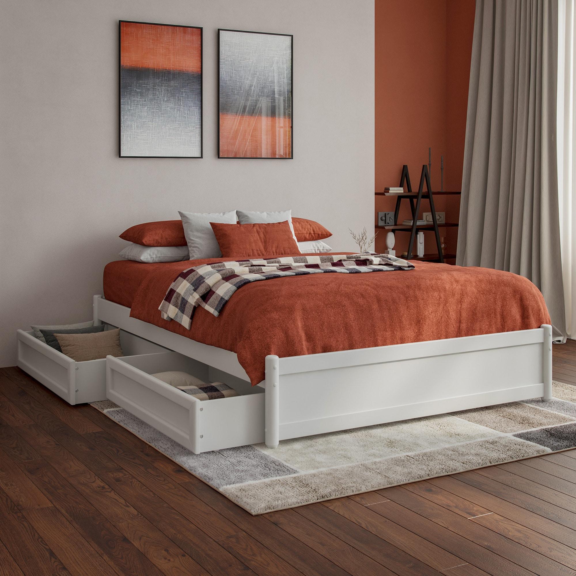 Barcelona Full Solid Wood Panel Platform Bed with Storage Drawers in White