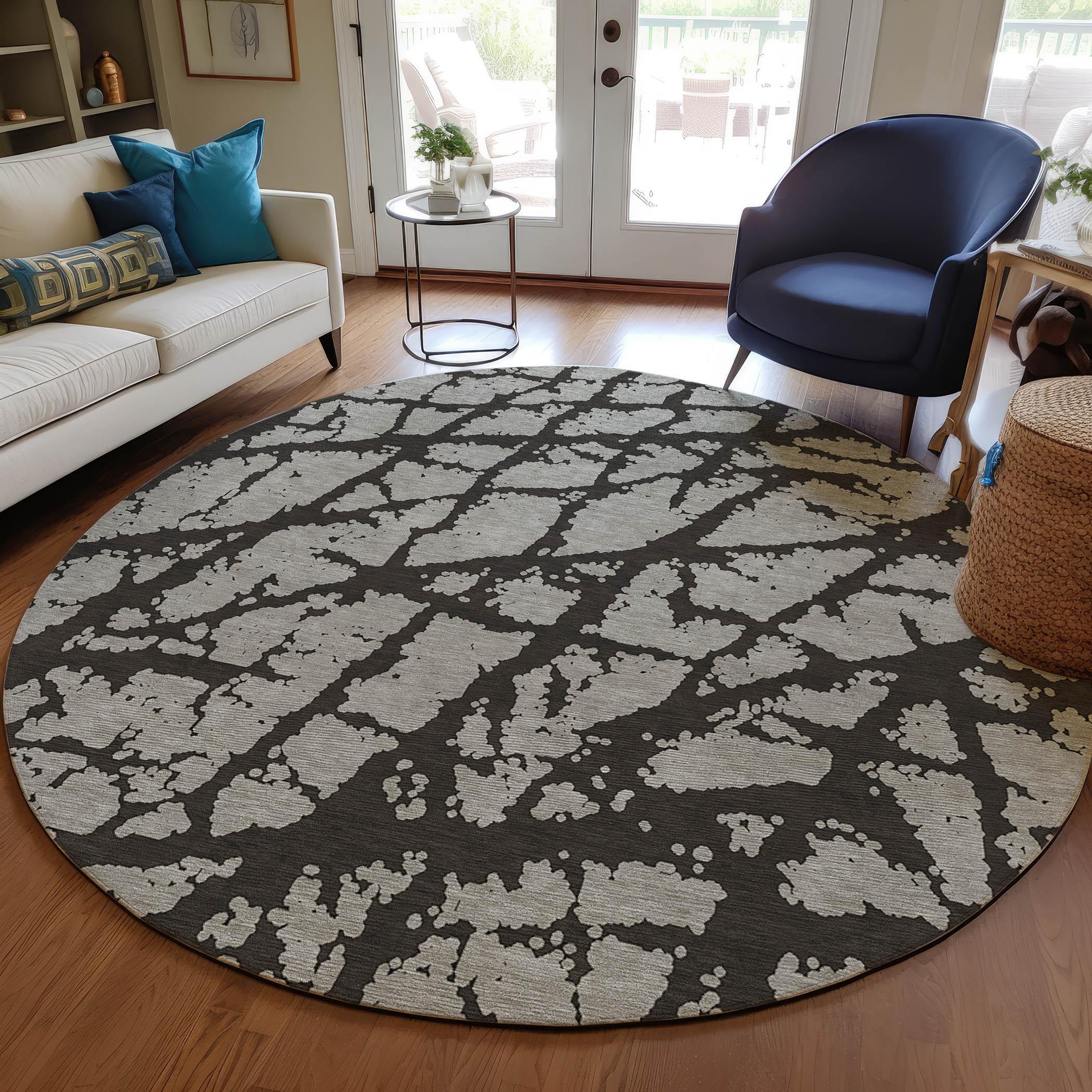 Addison Black and Gray Round Machine Washable Rug 8' x 8'