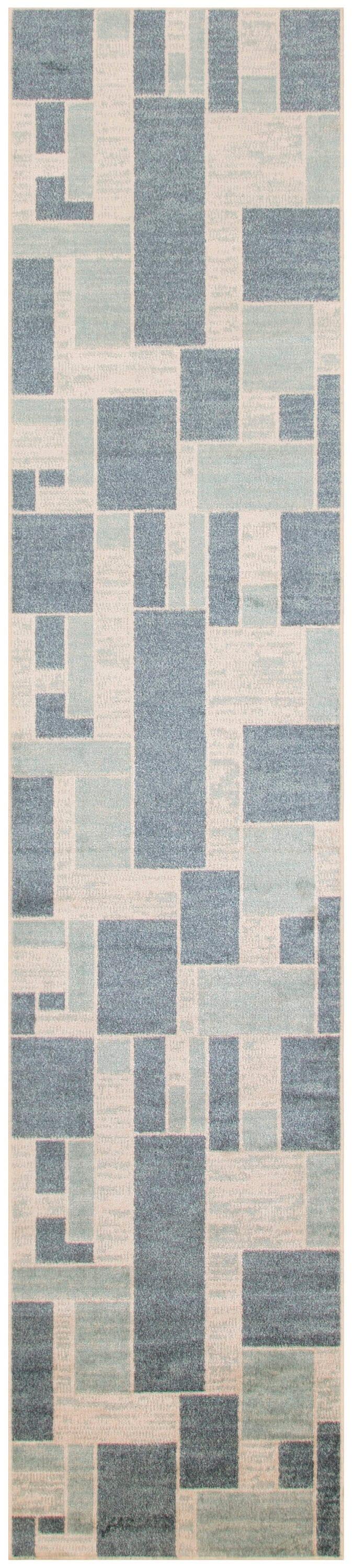 Nourison Astra Machine Washable Contemporary Color Block Indoor Rug Blue Ivory 2'2" x 10'