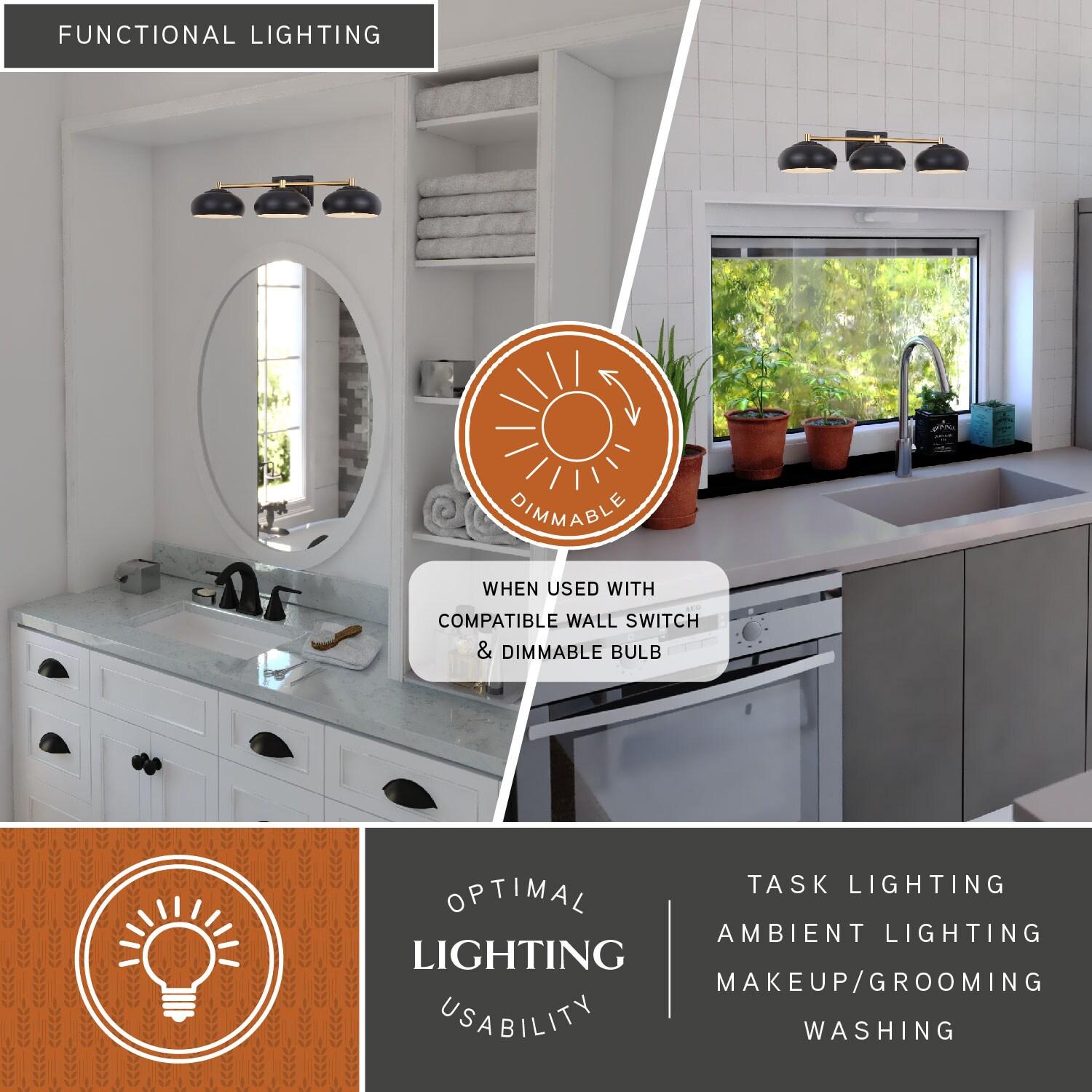 Belmont 3 Light Black and Brass Mid Century Modern Dome Bathroom Vanity Fixture