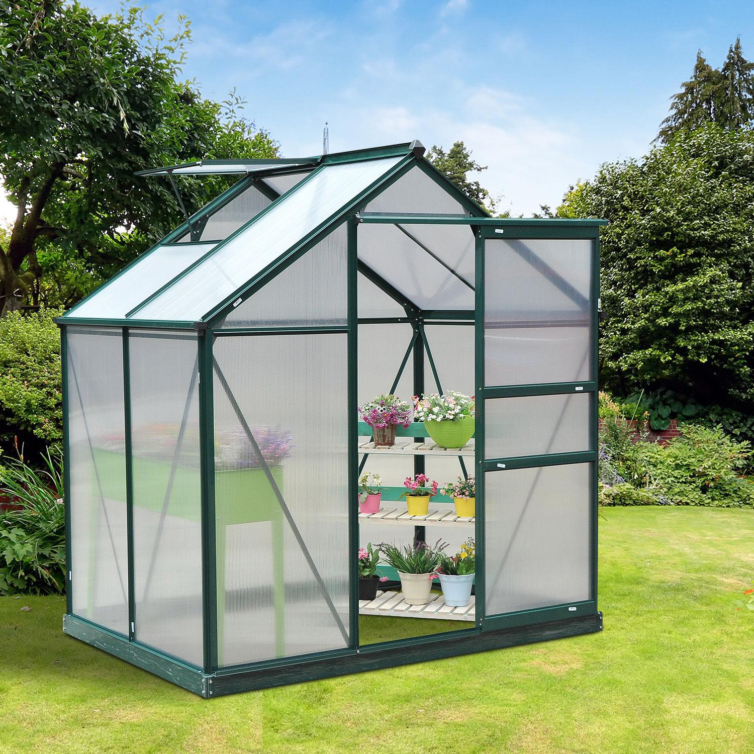 Outsunny 6' x 4' x 7' Polycarbonate Greenhouse, Heavy Duty Outdoor Aluminum Walk-in Green House Kit with Vent & Door for Backyard Garden, Green