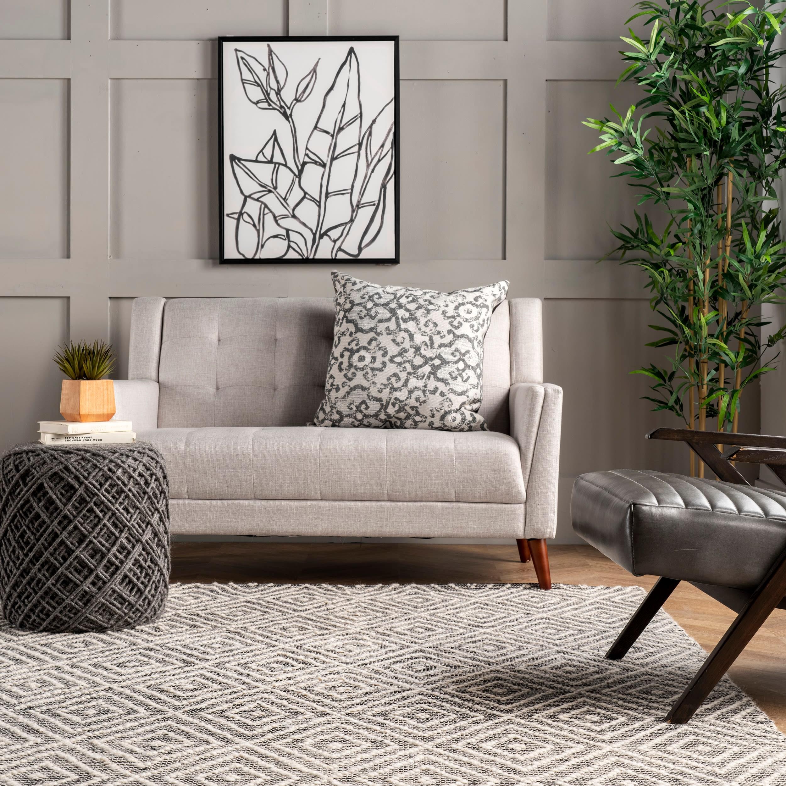 nuLOOM 3'x5' Flora Handmade Textured Diamonds Wool Area Rug Gray/Ivory: Geometric Flat Pile, Indoor Use