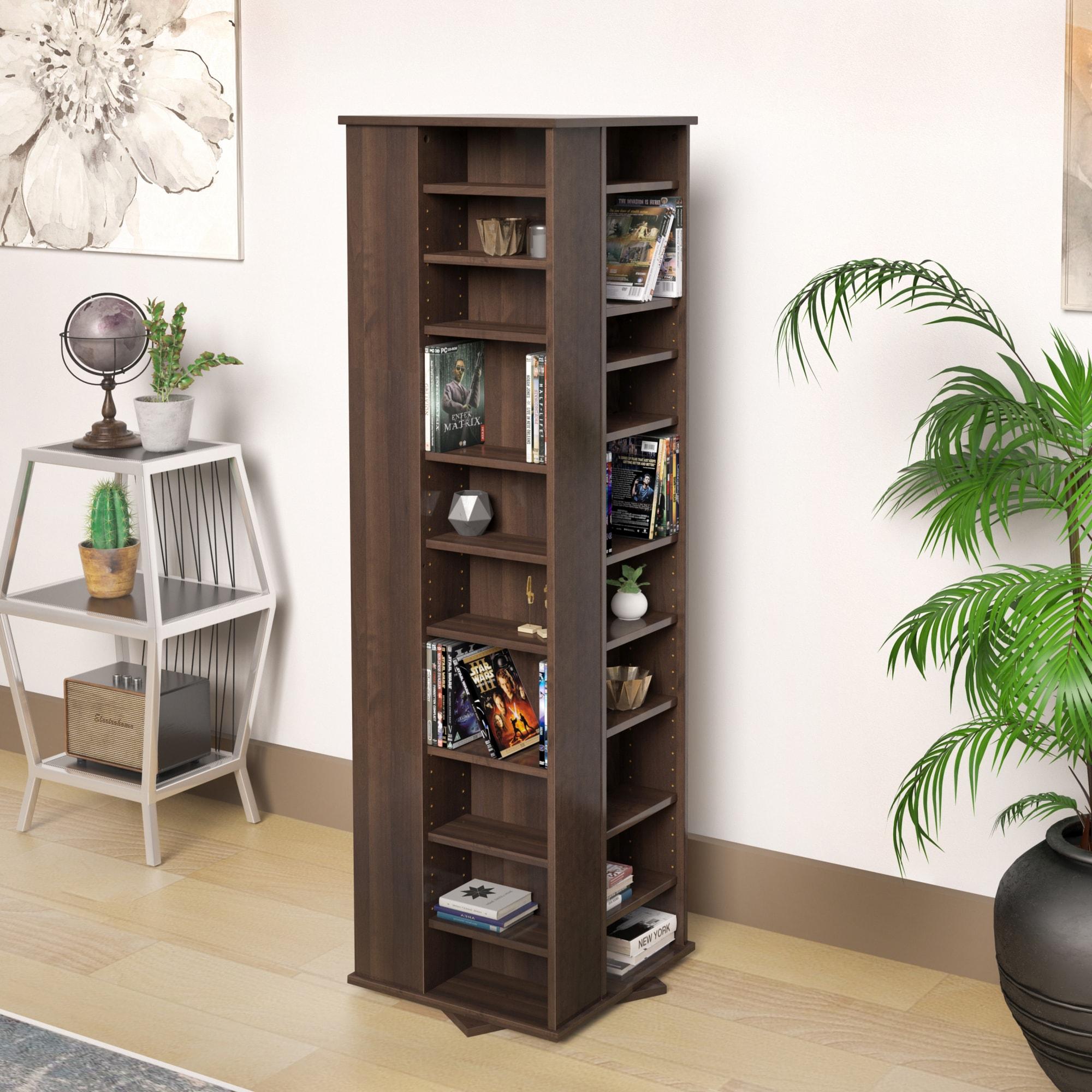 Prepac 4 Sided Spinning Media Storage - Espresso: Holds 1040 CDs, 476 DVDs, Mid-Century Modern Media Tower