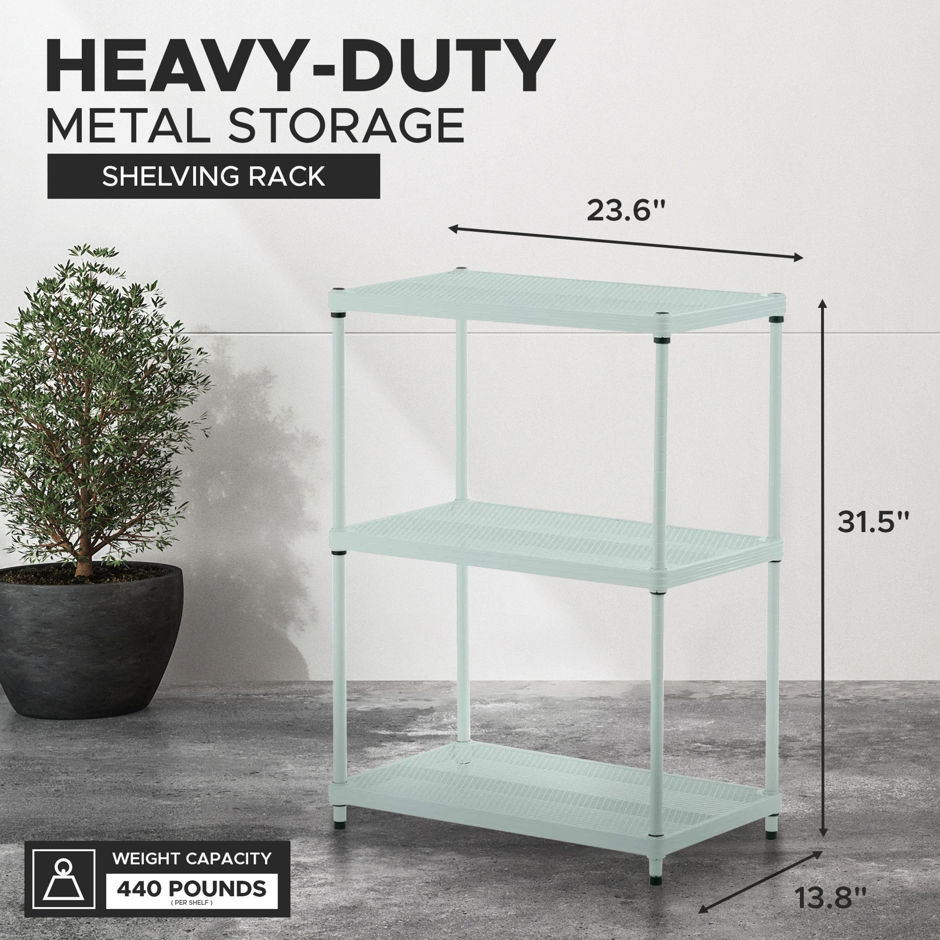 Design Ideas MeshWorks 3 Tier Full-Size Metal Storage Shelving Unit Rack for Kitchen, Office, and Garage Organization, 23.6” x 13.8” x 31.5,” Green