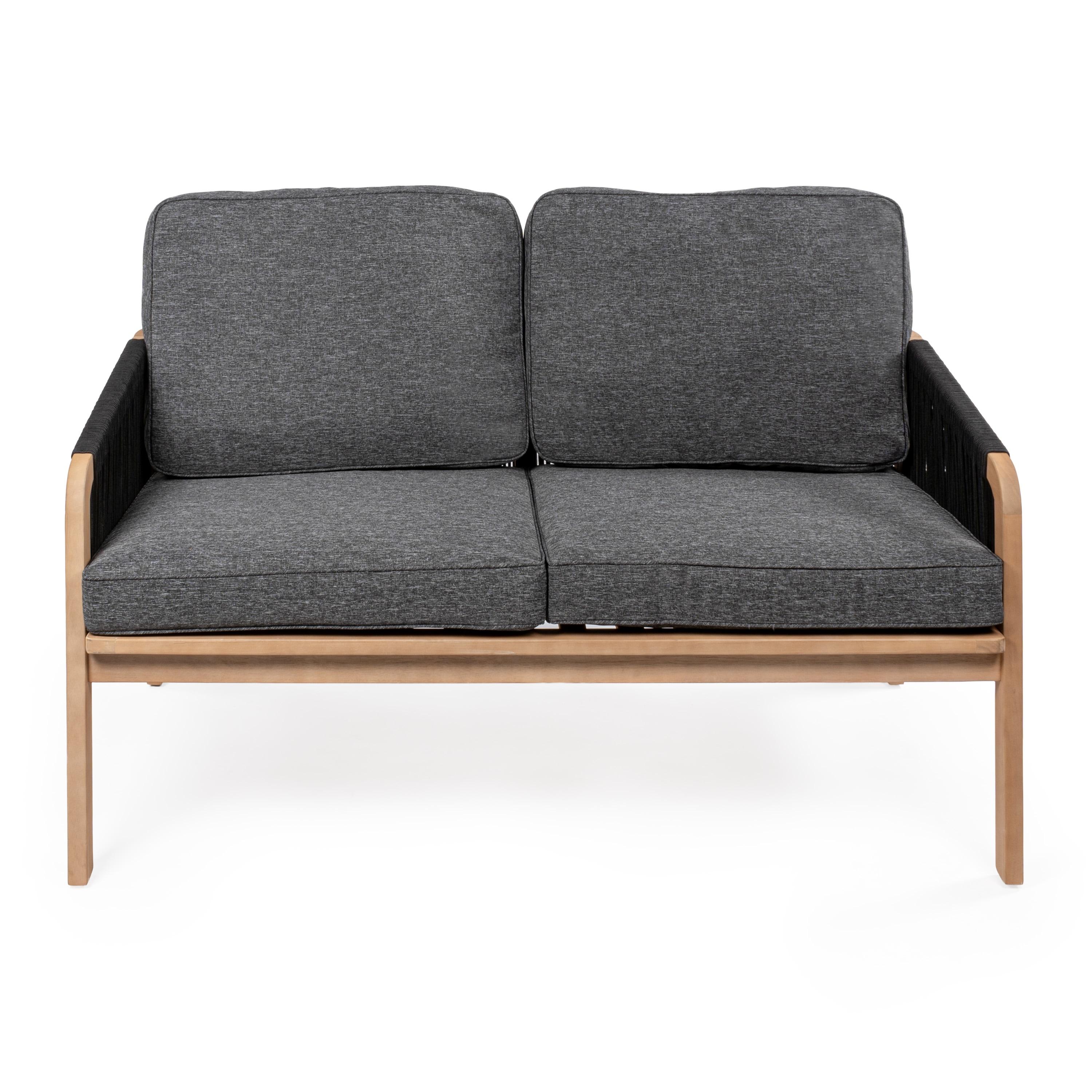 Arwen Modern Bohemian Roped Acacia Wood Outdoor Loveseat with Cushions, Black/Light Teak - JONATHAN Y