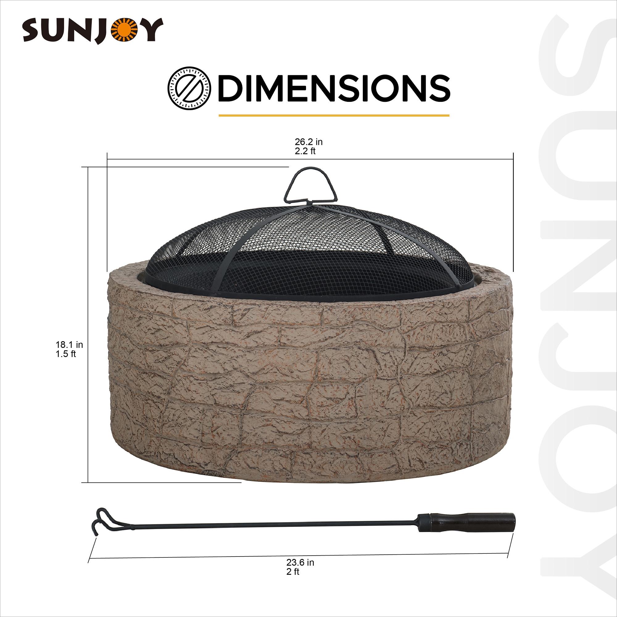 Sunjoy Stone Fire Pit 26 Inch, Outdoor Round Wood Burning Fire Pits with Spark Screen and Poker  Tan