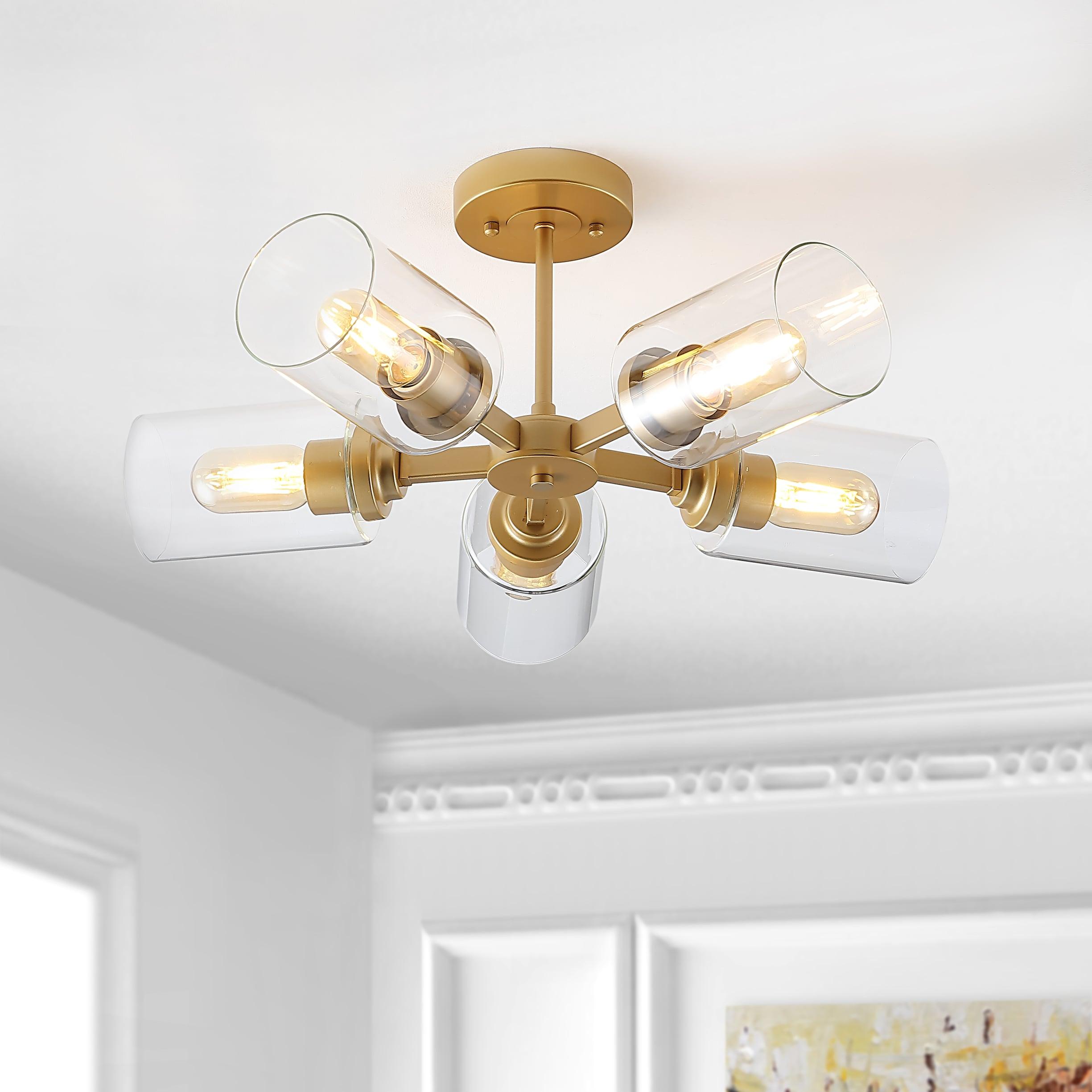 Jaynie 21.5" 5-Light Farmhouse Industrial Iron Cylinder LED Semi Flush Mount, Brass Gold/Clear