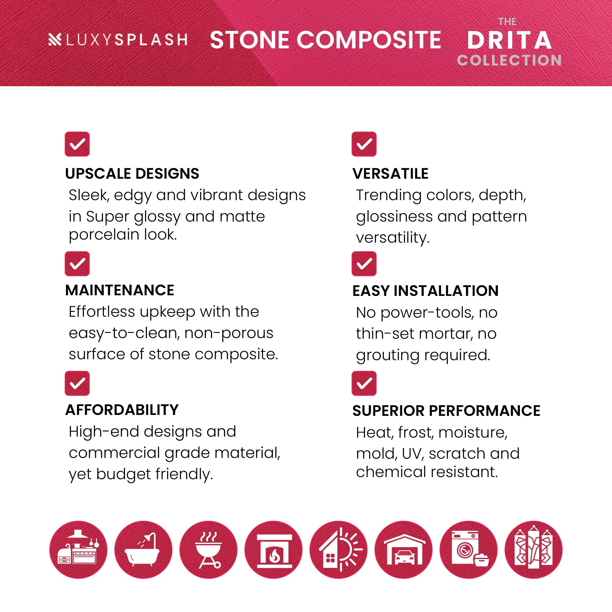 LuxySplash Drita 12-in x 18-in Ultra-Glossy Stone Composite Peel and Stick Wall Tile (3-sq. ft/ Carton)