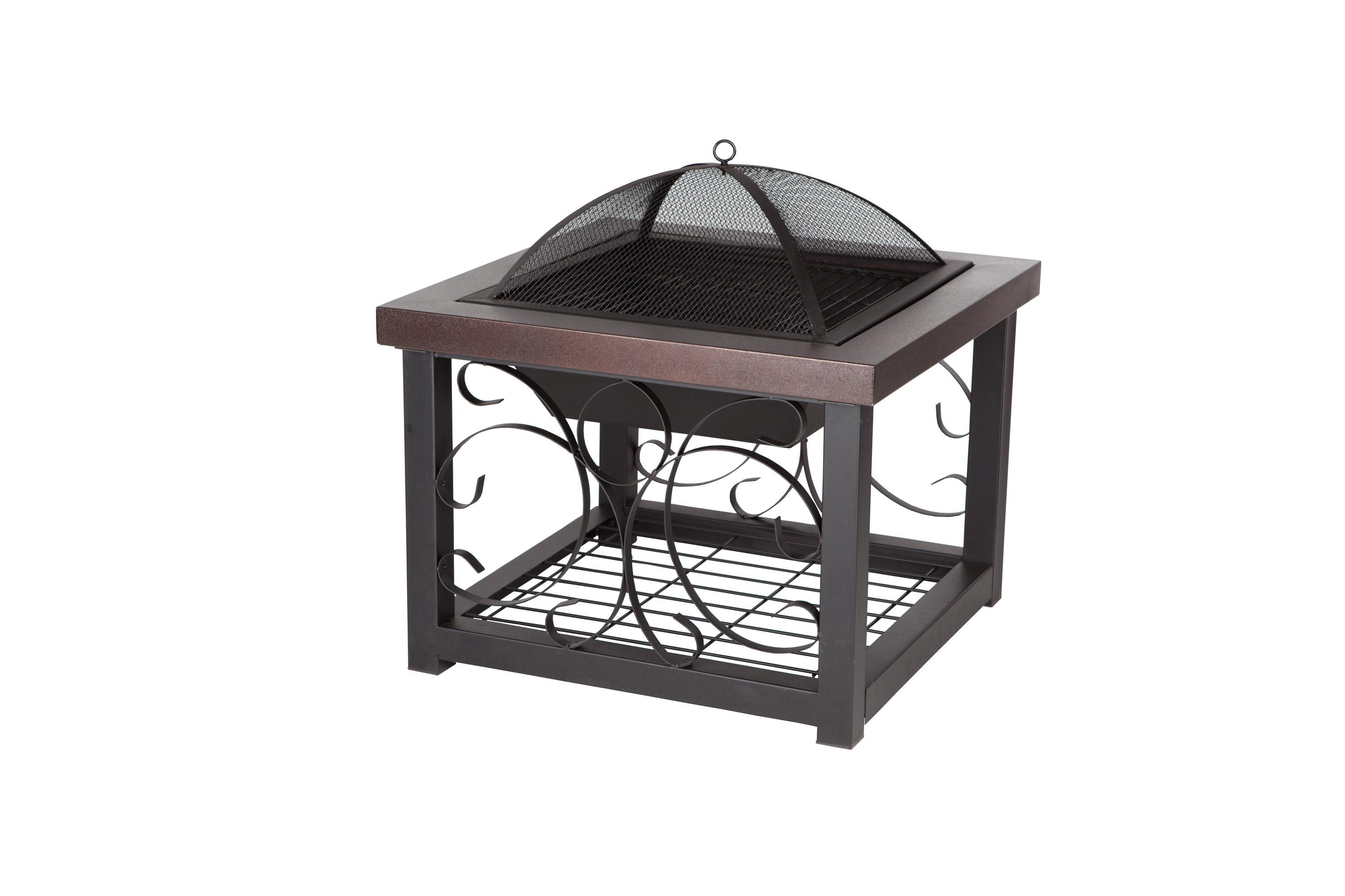 Fire Sense Fire Pit Cocktail Square Table Wood Burning Mesh Spark Screen Wood Grate with Storage Rack – Hammered Bronze Finish