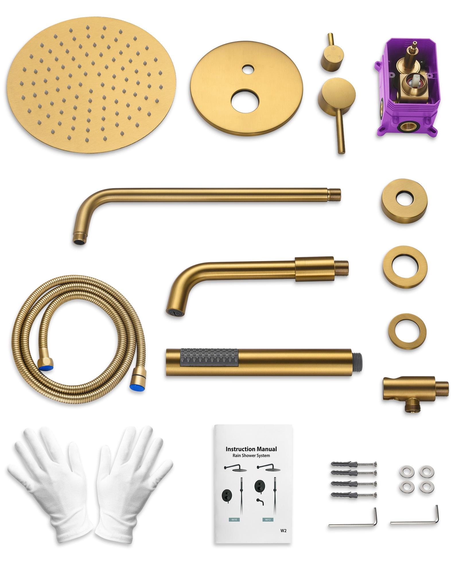 GRANDJOY Dual Wall Mount Rainfall Shower Head System Adjustable 12 inch & 6 inch Shower Faucet Set with Handheld Shower Spray Thermostatic Pressure Balance Value, Brushed Gold