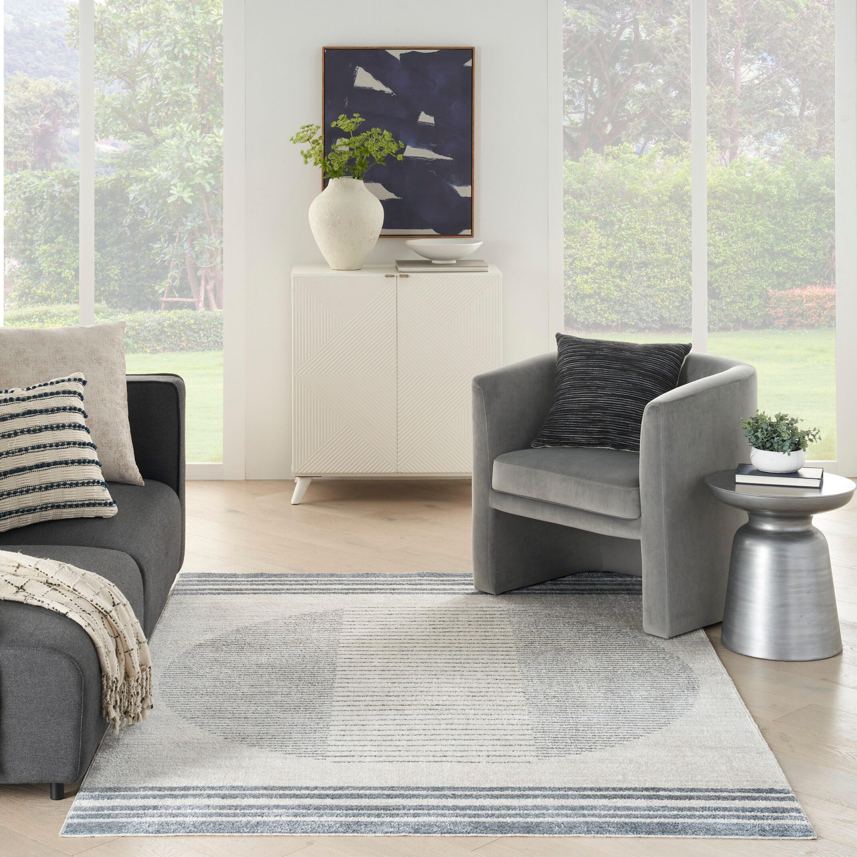 Nourison Astra Machine Washable Stripe Circle Mid-Century Modern Indoor Rug Ivory Blue 5'3" x 7'