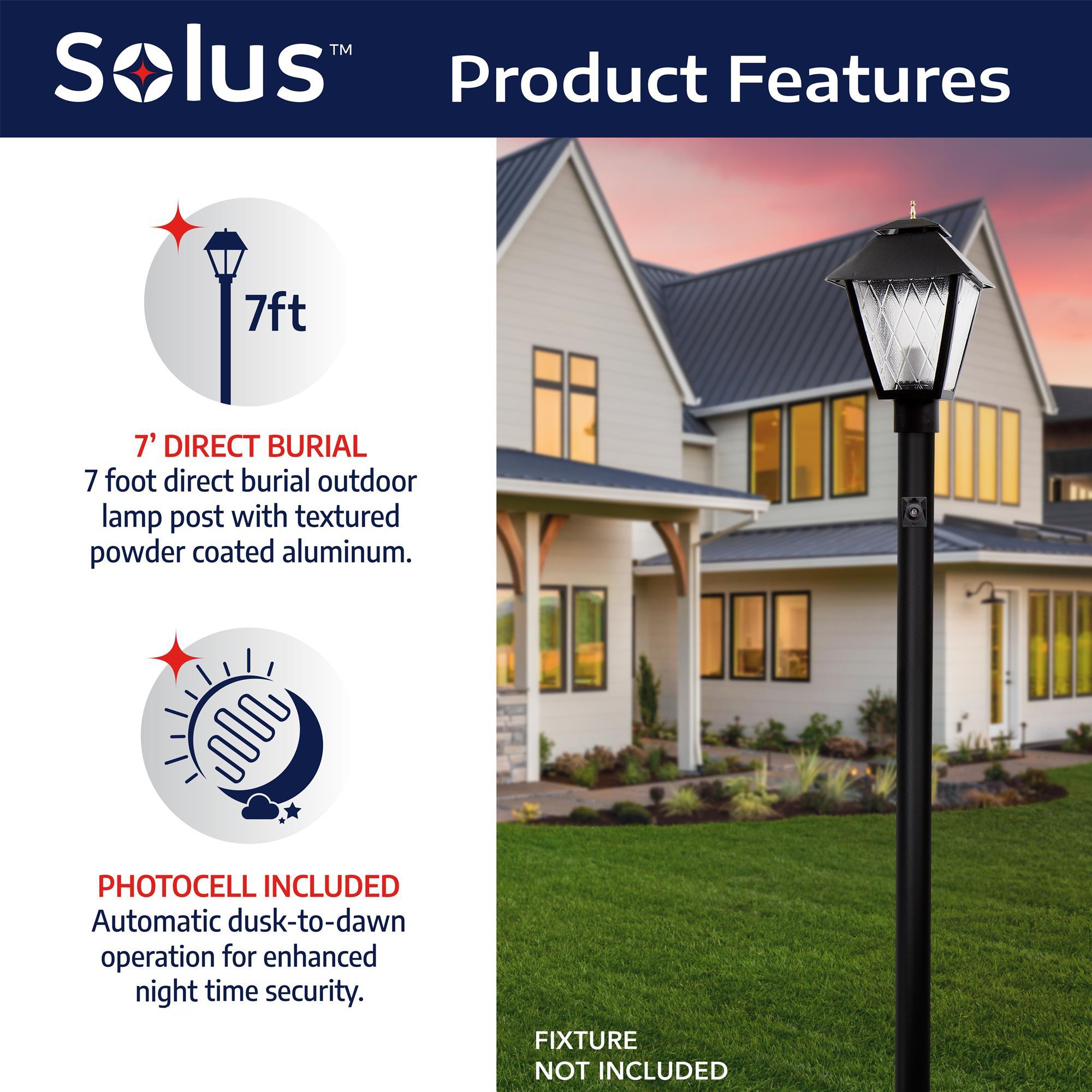 Solus 8-320NCA Direct Burial Lamp Post with Dusk To Dawn Photo Sensor, Fits 3" Post Top Fixtures, Includes Inlet Hole