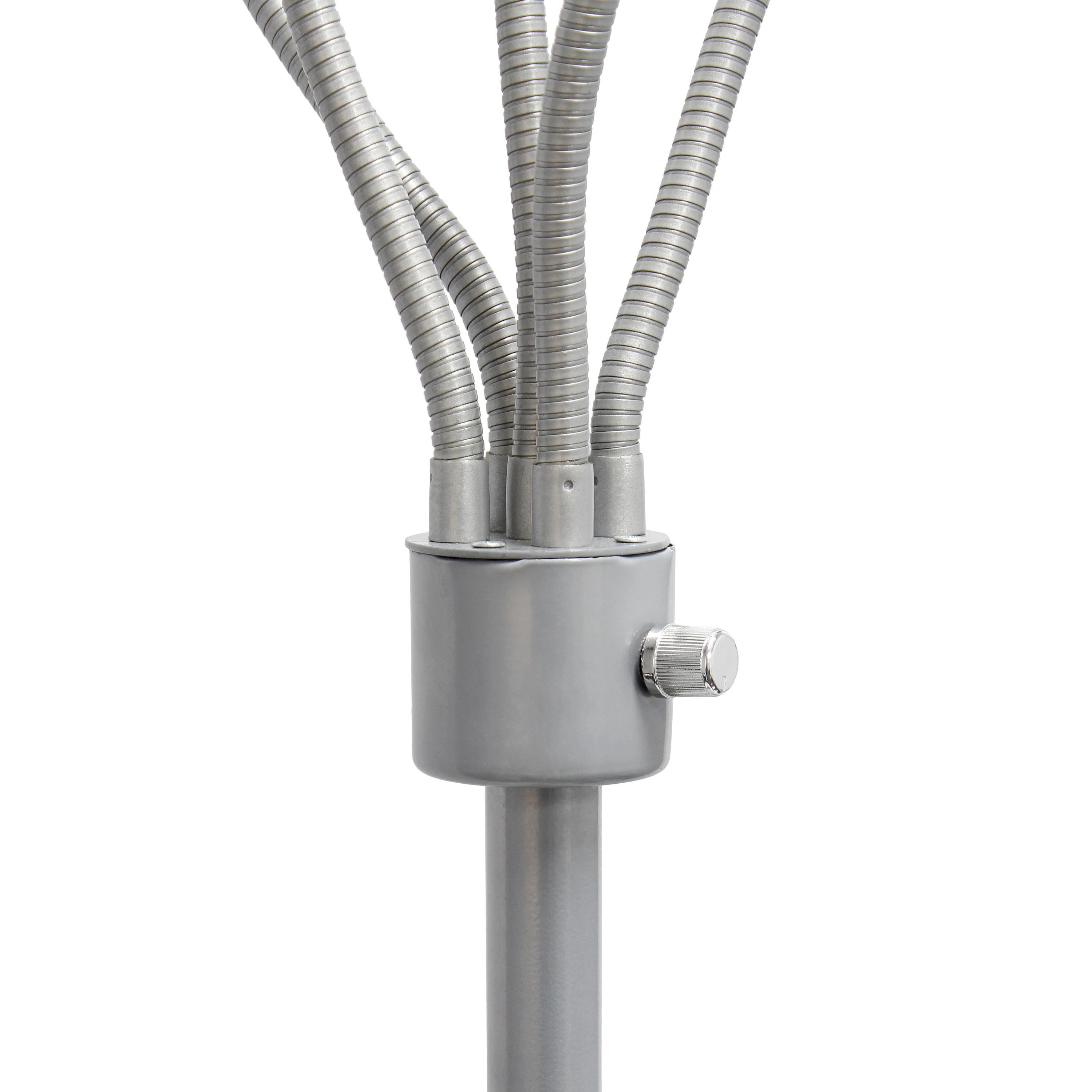 Simple Designs 67" Medusa 5-Light Adjustable Gooseneck Floor Lamp, Silver with White Shades