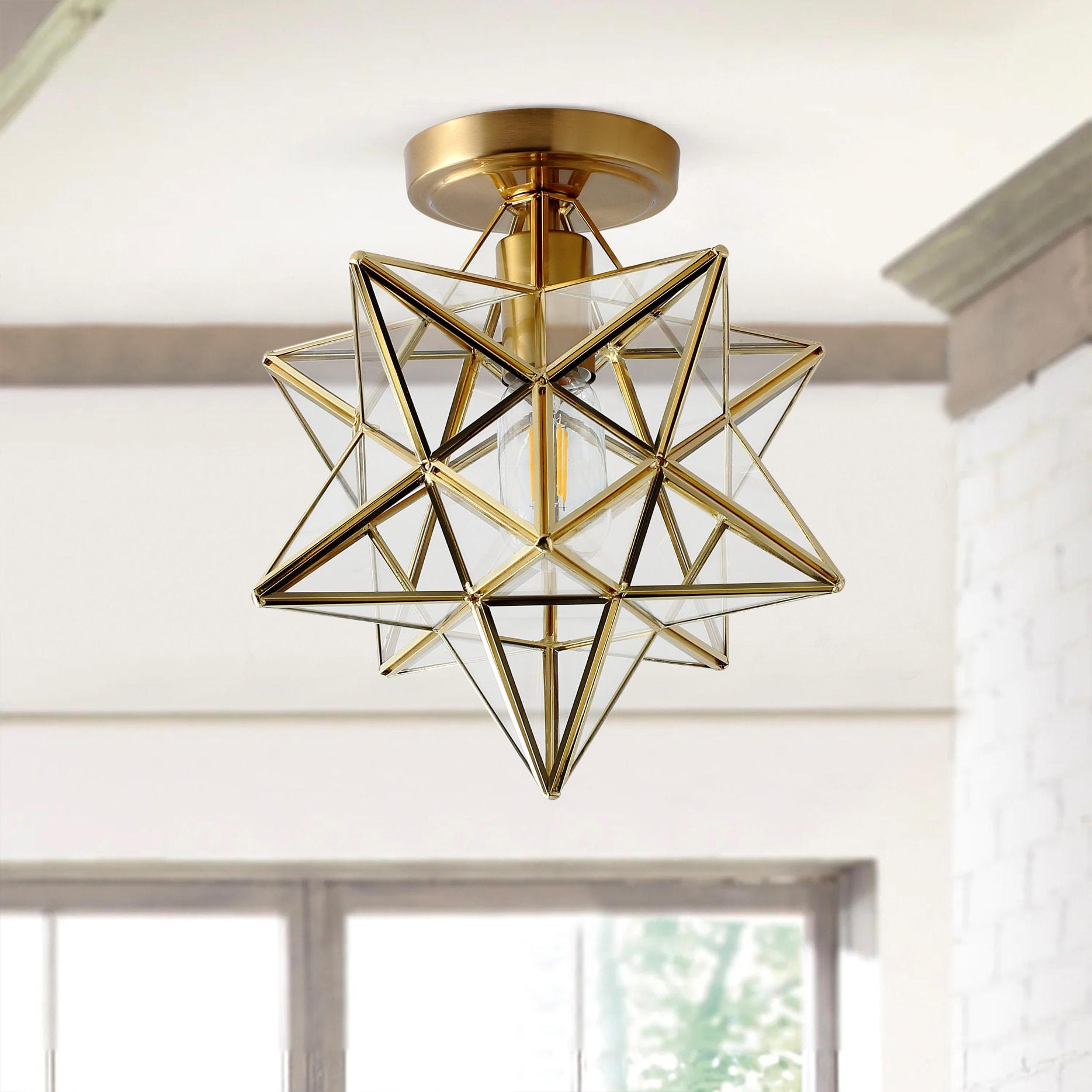 Everly Quinn 12" Moravian Star Metal/Clear Glass LED Flush Mount, Gold/Clear