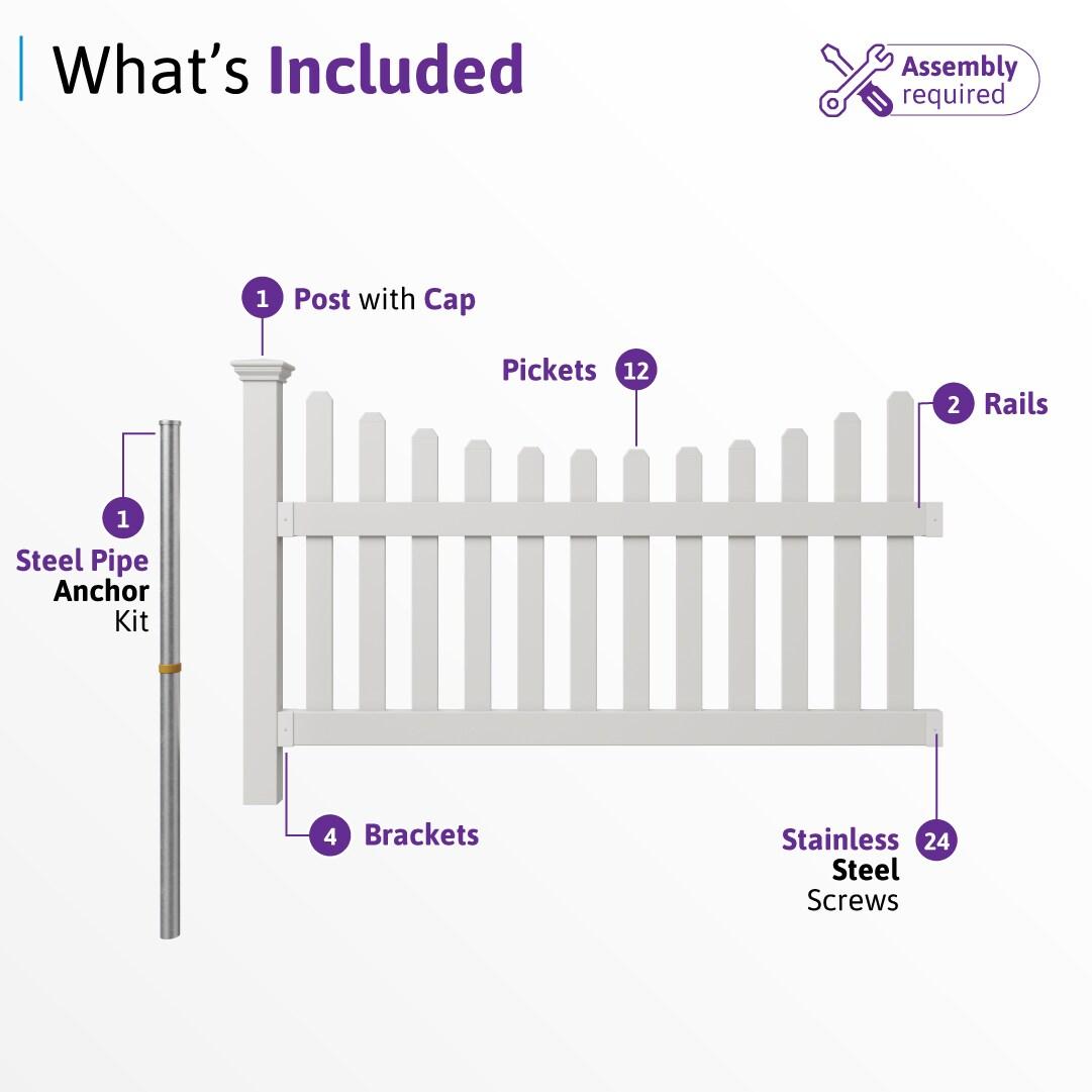 3.5ft H x 6ft W (1 Panel + 1 Post) No Dig WamBam All American Fence Kit, White Vinyl Picket Fence, Easy Install Outdoor Fence for Backyard or Patio, DIY Decorative Fencing, ZP19041