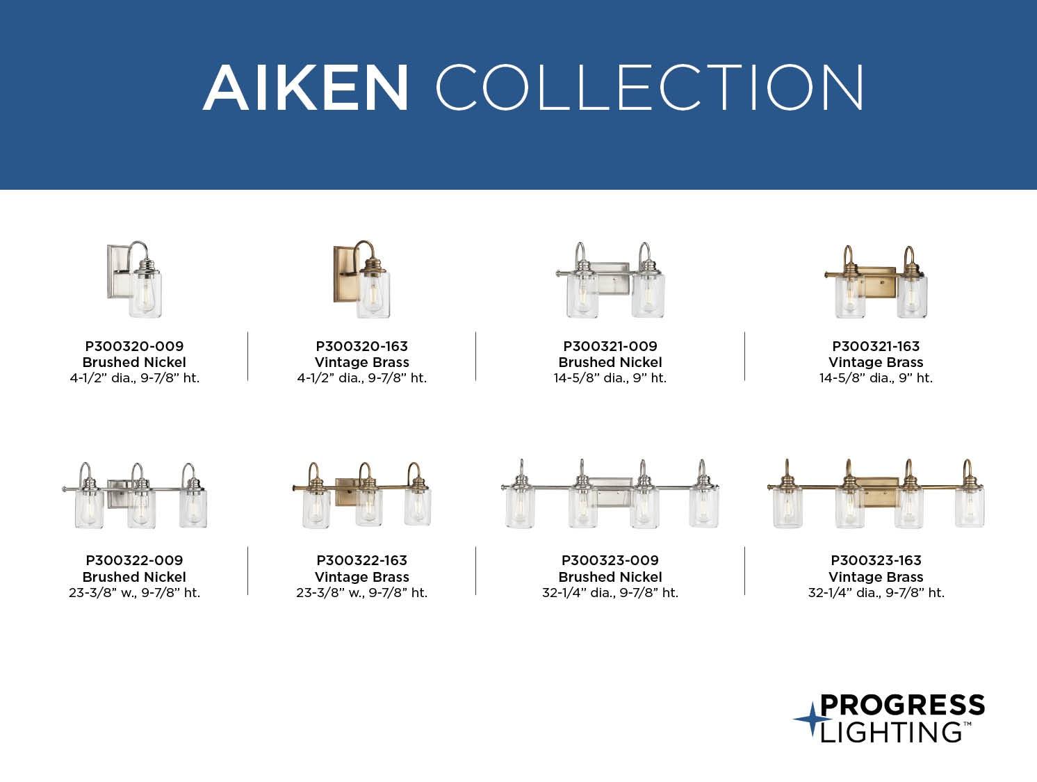 Progress Lighting Aiken 3-Light Bath Vanity Light, Brushed Nickel, Clear Glass Shade