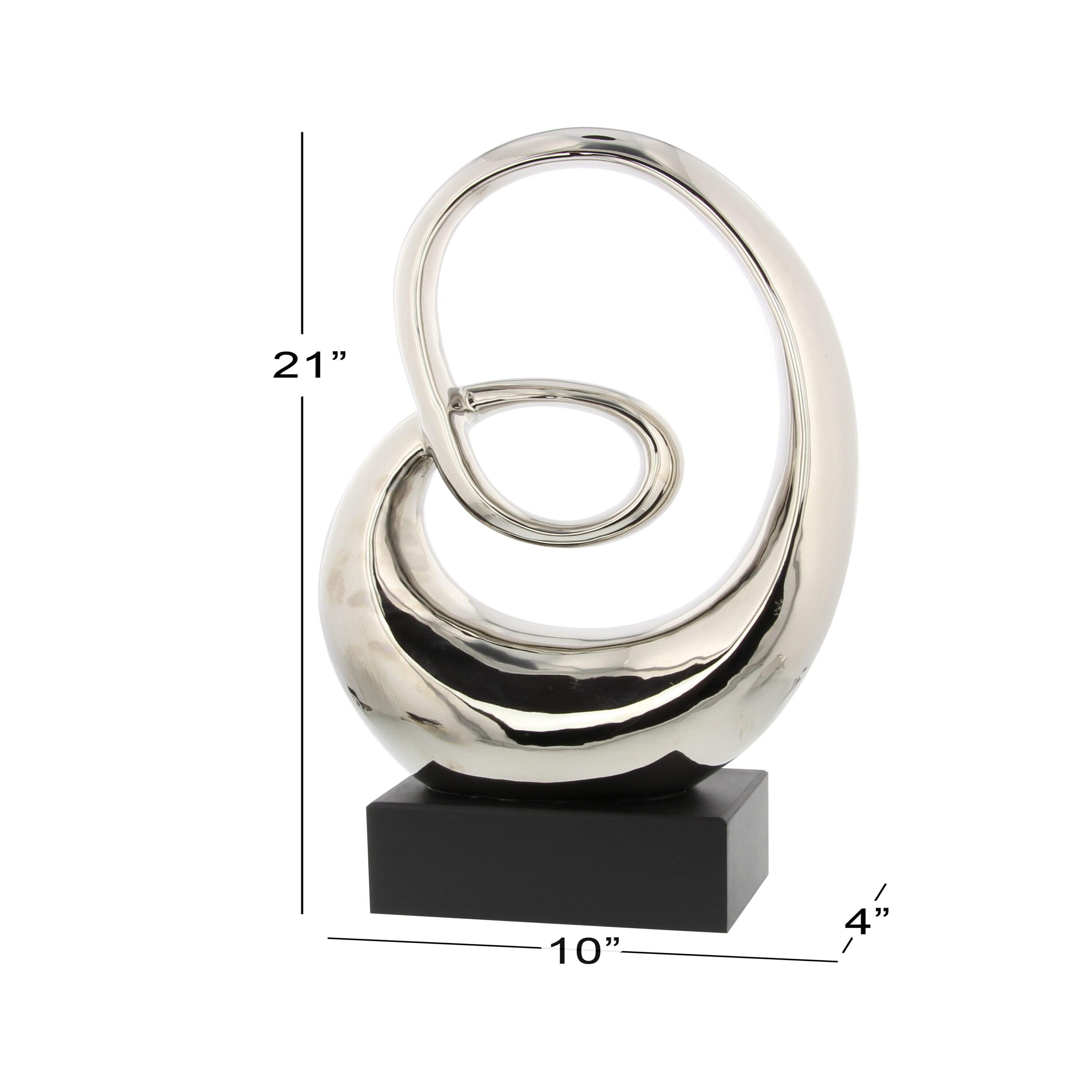 10" x 21" Silver Ceramic Swirl Abstract Sculpture with Black Wooden Base, by DecMode