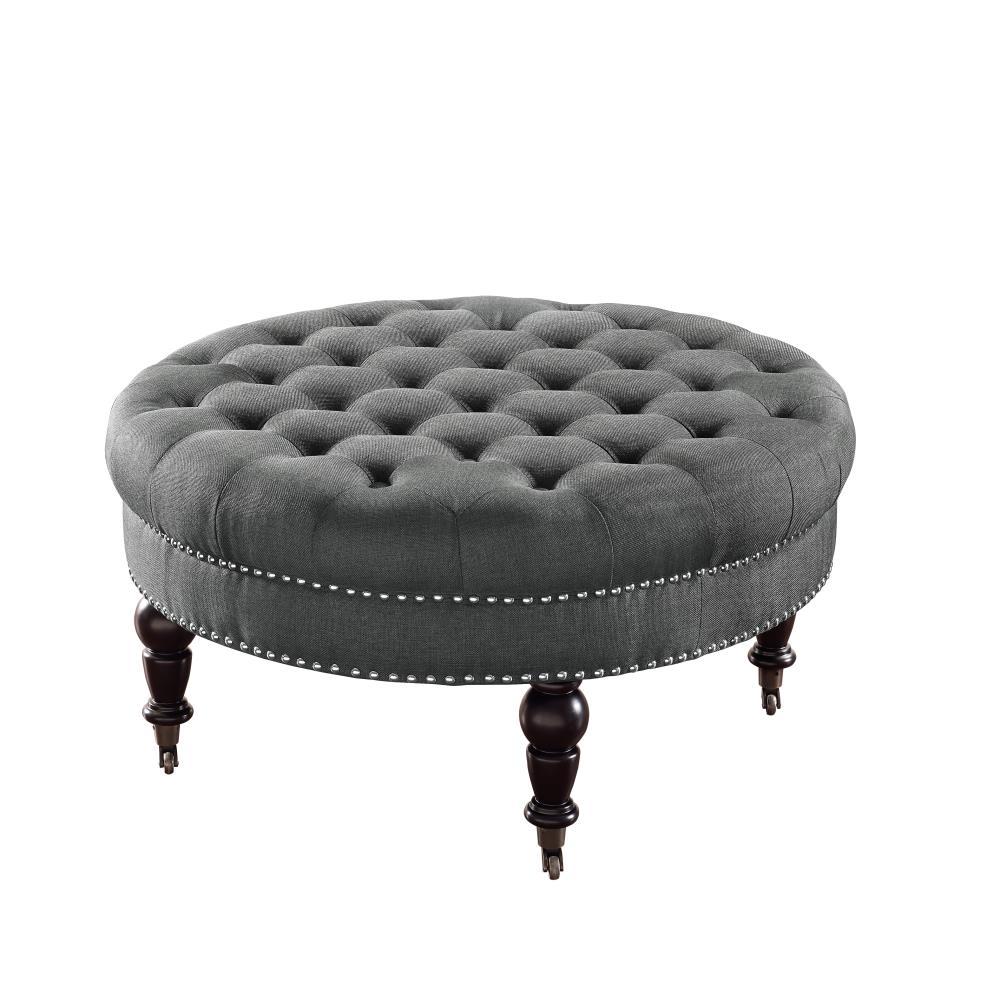 34.6" Isabelle Traditional Round Tufted Upholstered Wheeled Cocktail Ottoman Gray - Linon: Charcoal Linen, Silver Nailhead, Black Legs