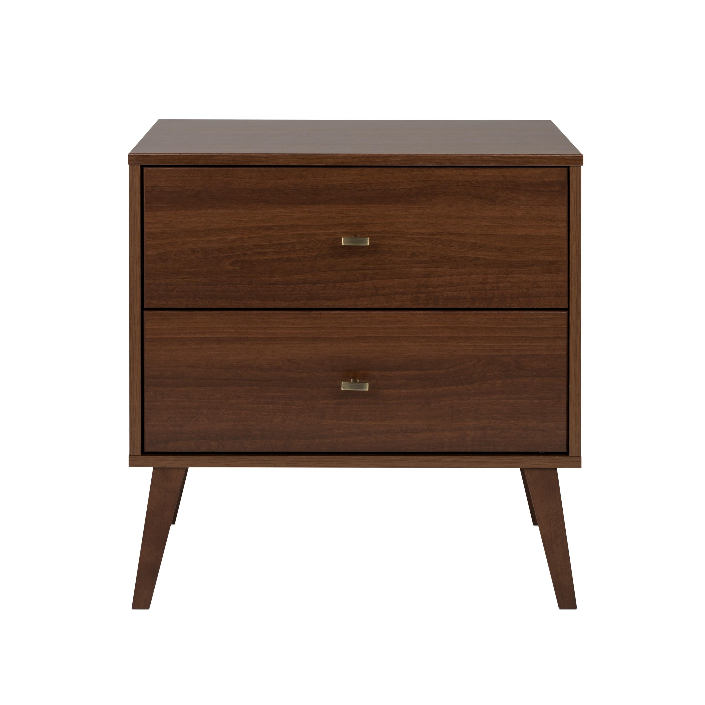 Milo Mid Century Modern 2 Drawer Nightstand Cherry - Prepac: Brushed Brass Knobs, Tapered Legs