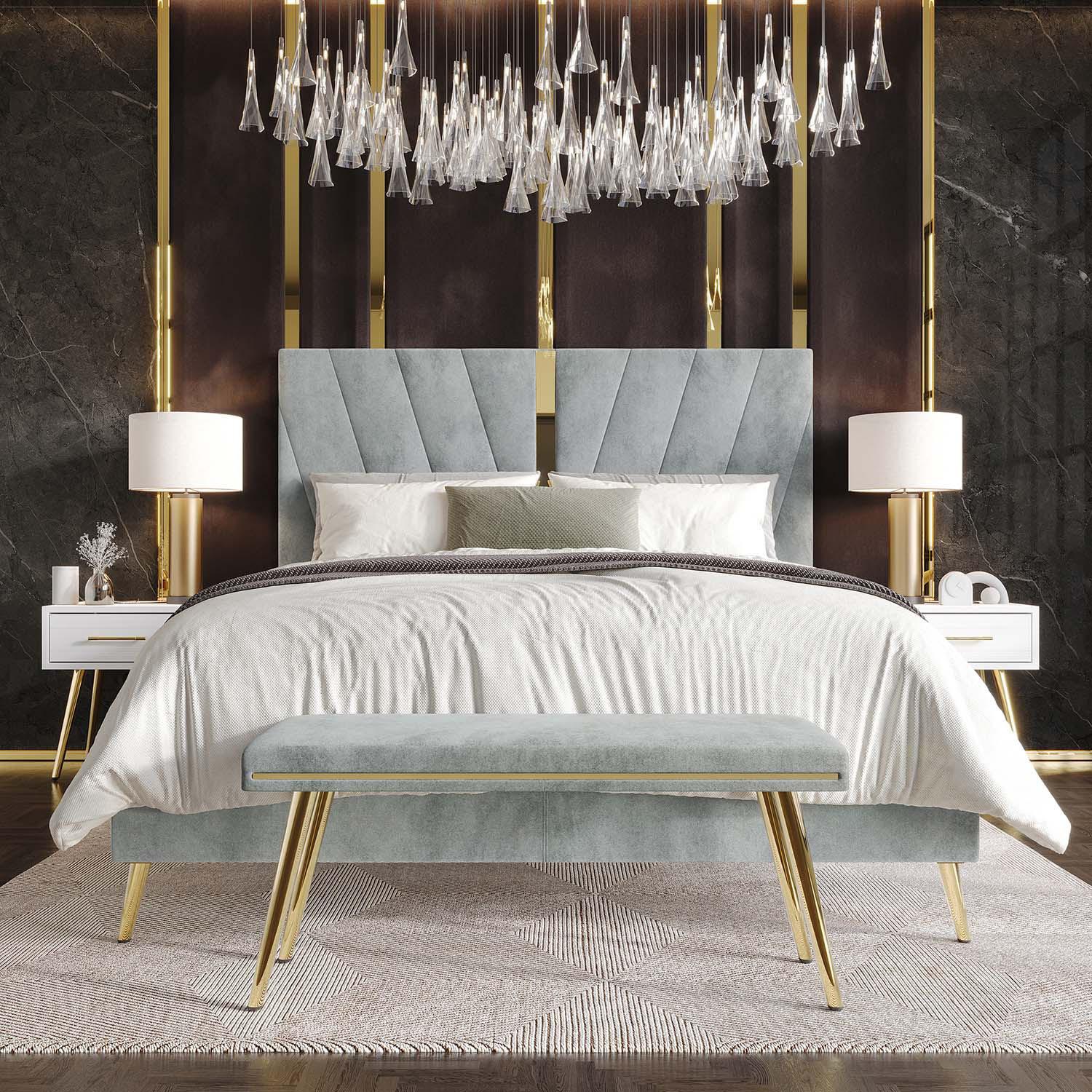 Castle Place Contemporary Velvet Queen Upholstered Bed with 2 Nightstand and Bench, Silver Grey