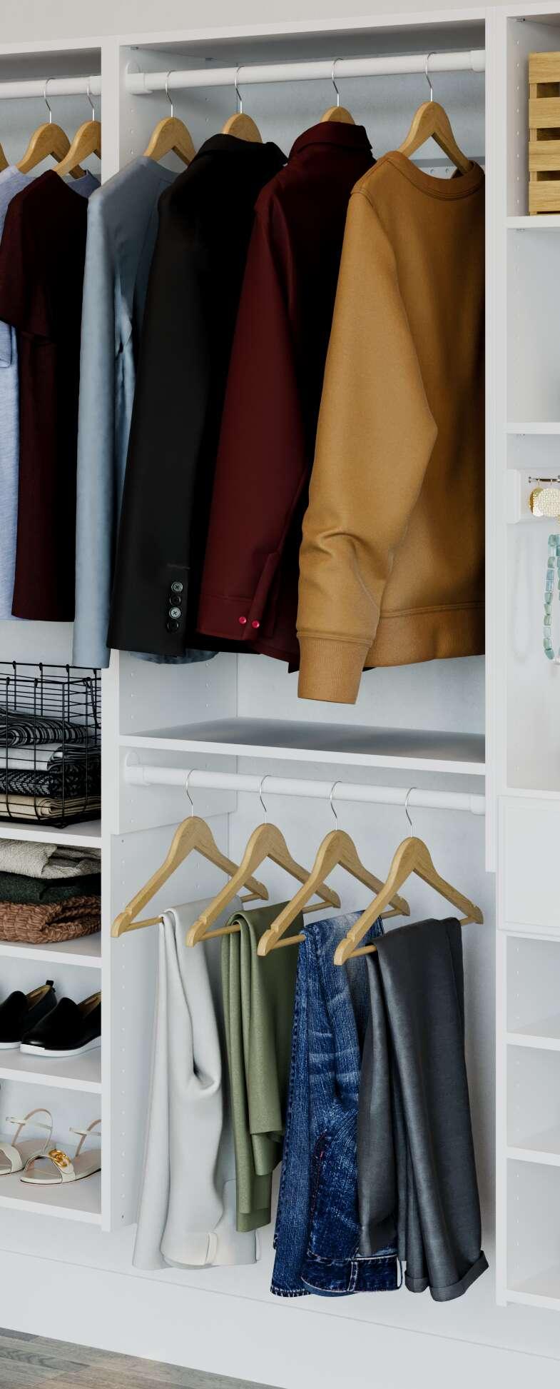 White Composite Wood Double Hanging Closet Organizer with Shelves
