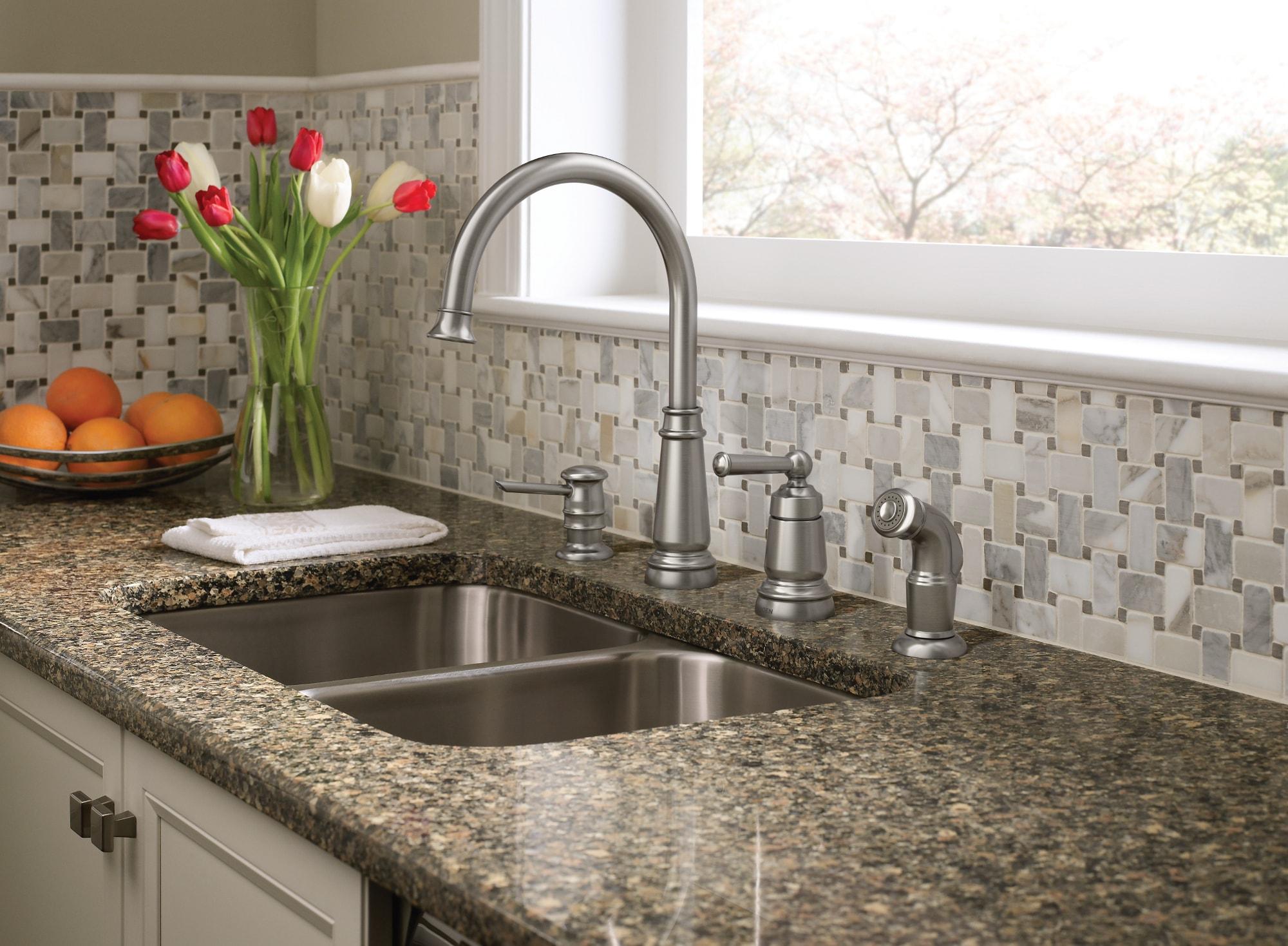 Spot Resist Stainless Steel High Arc Kitchen Faucet with Side Sprayer and Soap Dispenser