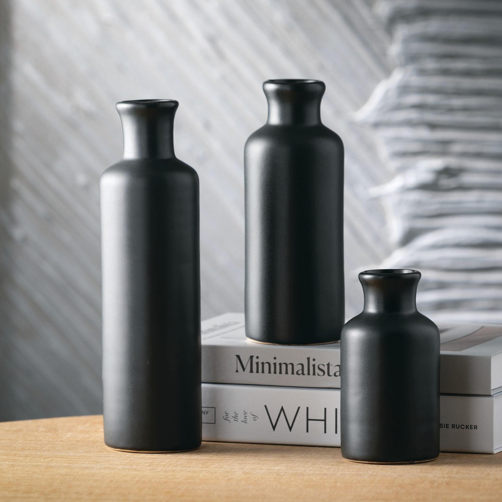 Sullivans Matte Black Set of 3 Small Ceramic Bottle Vases 5"H, 7.5"H & 10"H Black