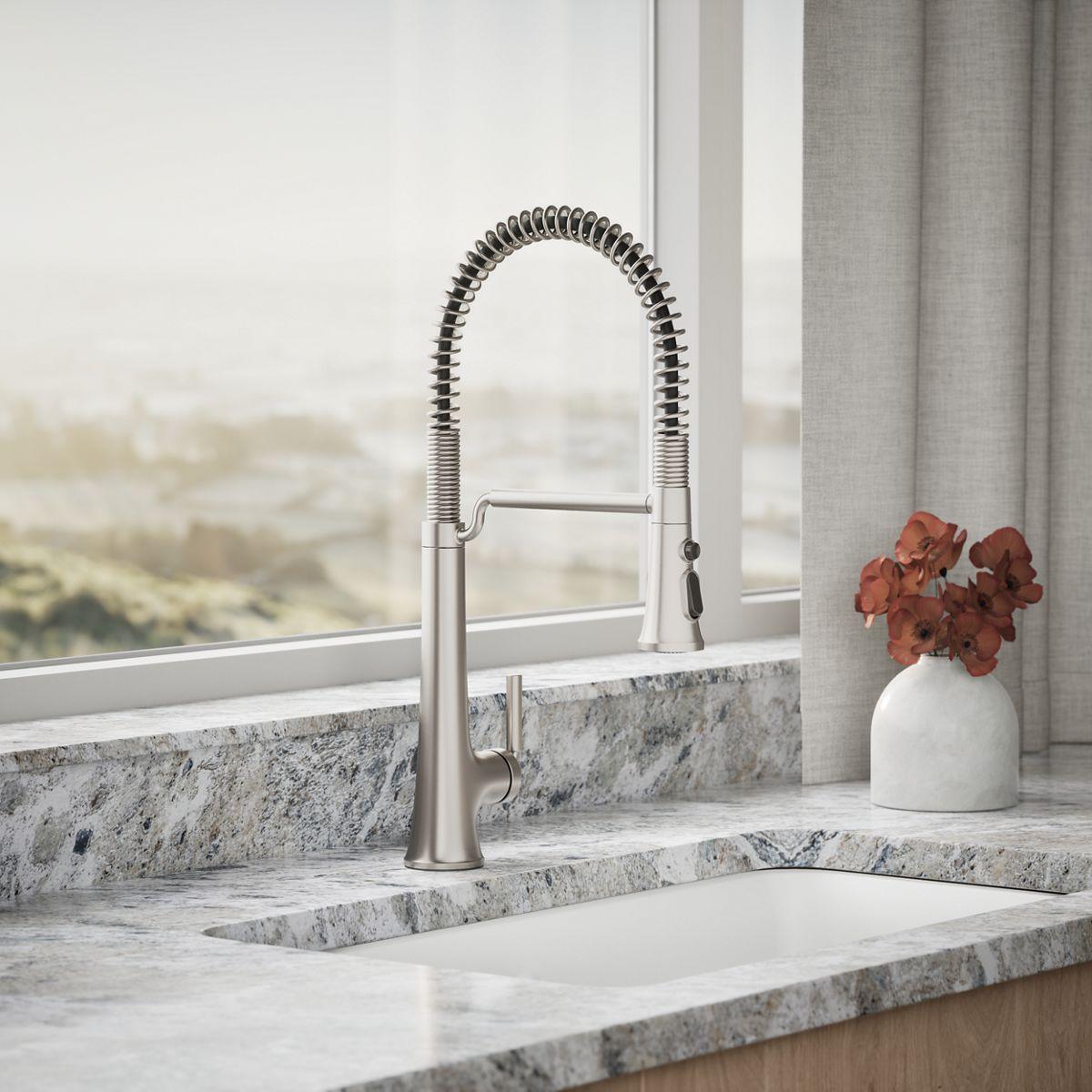 Kohler Tone Single Handle Semi-Professional Pre-Rinse Kitchen Sink Faucet with Three-Function Pull Down Sprayer