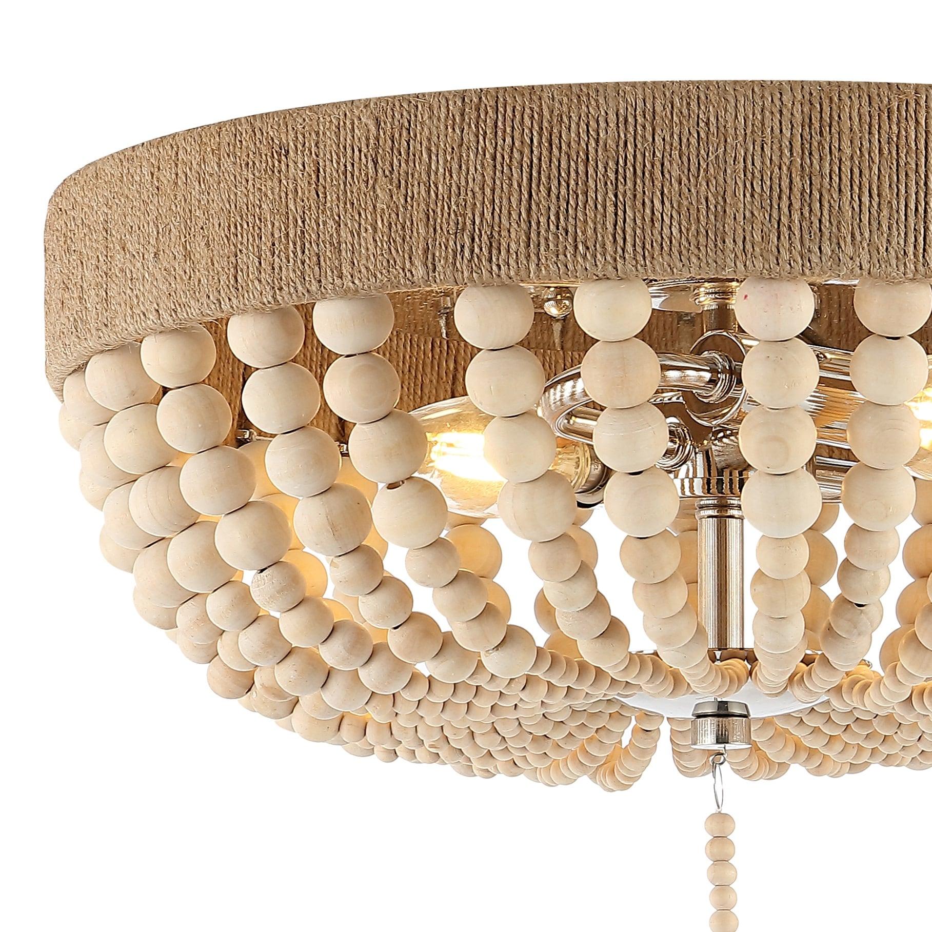 JONATHAN Y Justina Wood Bead 14" 2-Light Farmhouse Bohemian Iron LED Flush Mount, Light Taupe/Chrome, JYL1307A