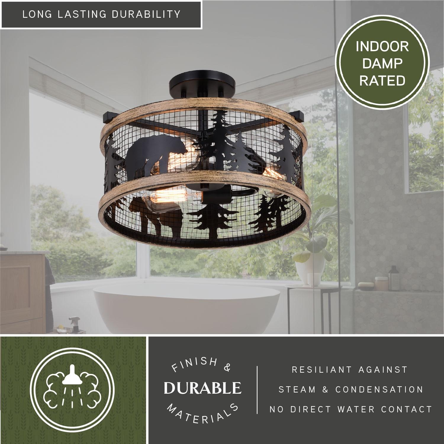 Kodiak 16-in W Black and Teak Rustic Semi Flush Mount Ceiling Light Bear and Tree Motif