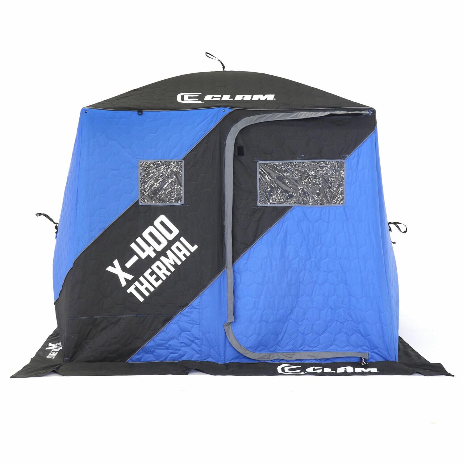 CLAM 17479 X-400 Portable 3 to 4 Person 8-Foot Pop-Up Ice Fishing Angler Thermal Hub Shelter Tent with Anchor Straps and Carrying Bag