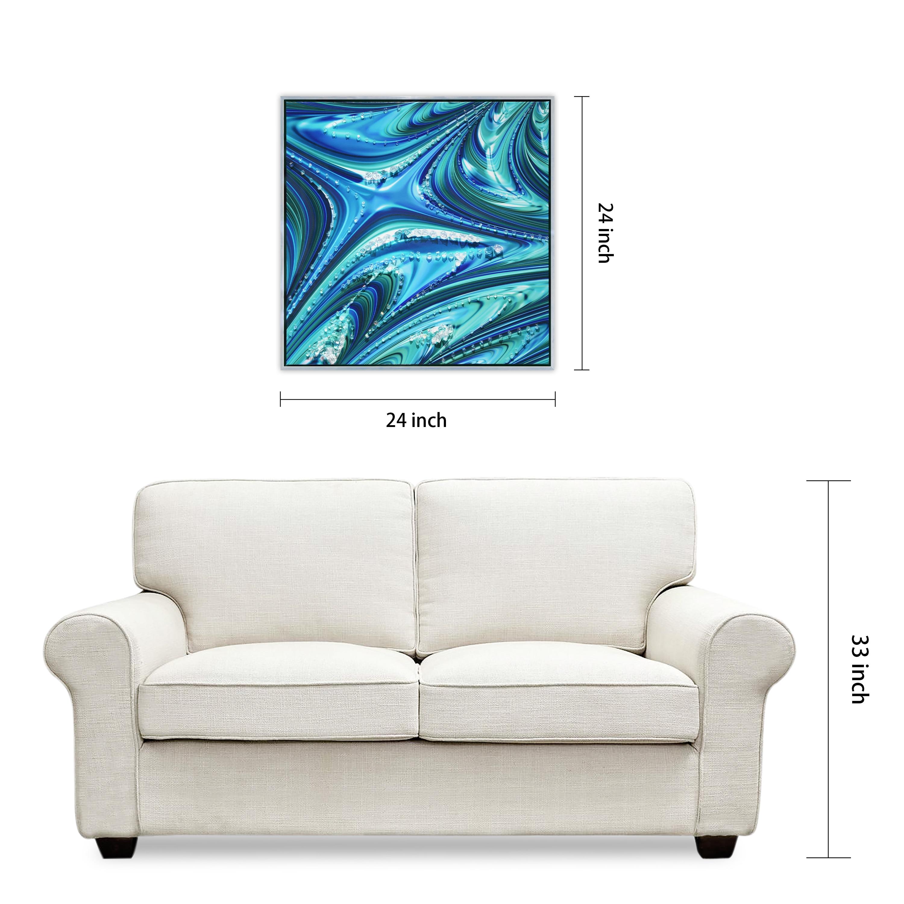 "Ocean Waves II" Crystallus Epoxy Coated Wrapped Framed Glossy Blue Canvas Wall Art with Heavy Acrylic Crystal Shards Embellishments