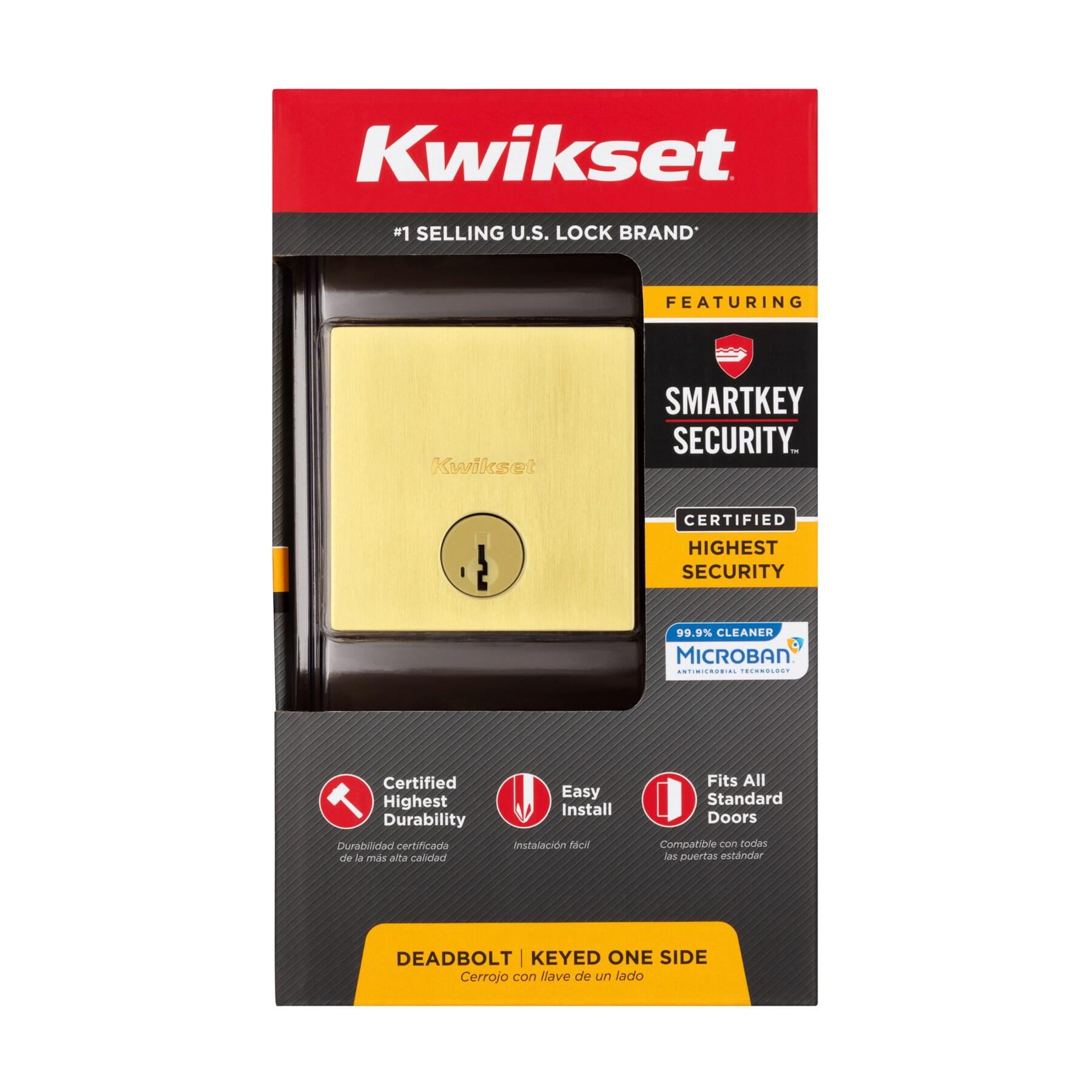 Kwikset Downtown Deadbolt Lock, Satin Brass Square Exterior Keyed Front Entry Door, Pick Resistant SmartKey Rekey Security, Single Cylinder Dead Bolt, with Microban Protection