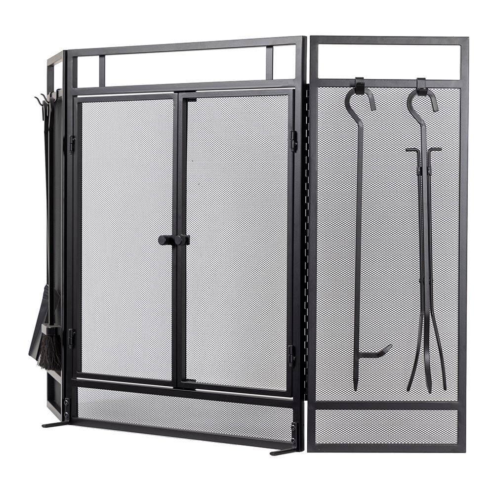 Kern River Mesh Trifold Fireplace Screen with 4 Piece Tool Set in Black