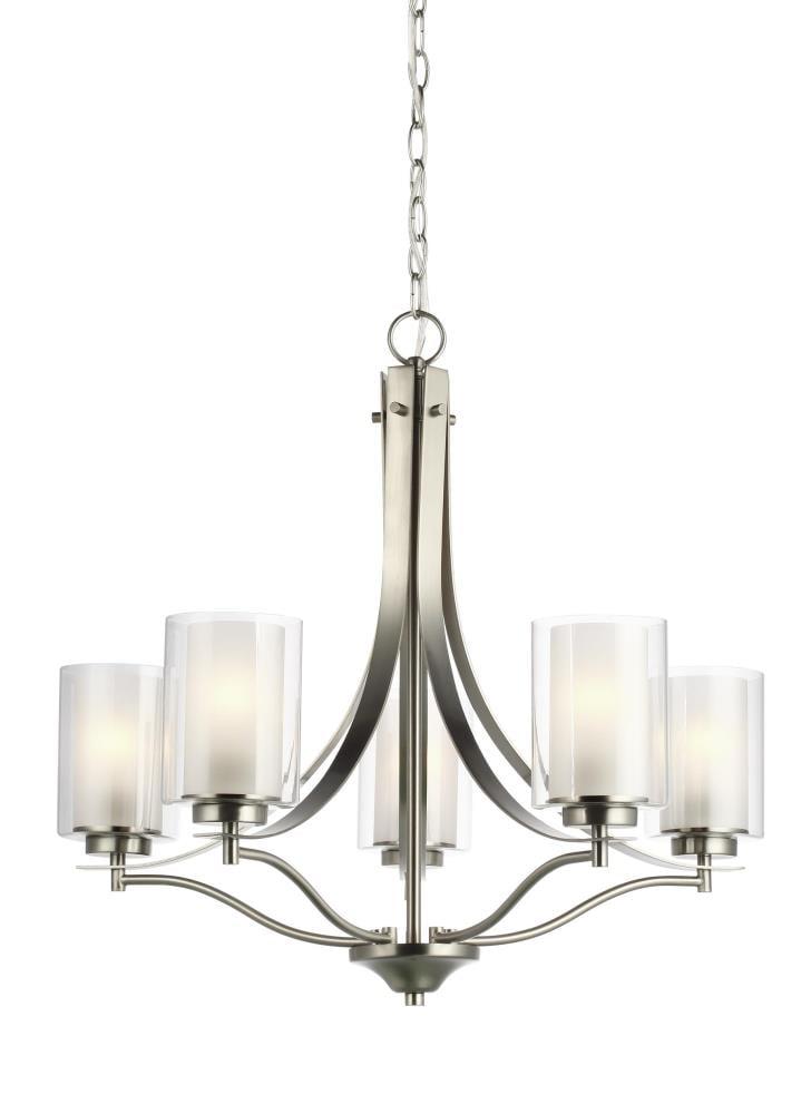 Elmwood 5-Light Brushed Nickel Modern Transitional Hanging Candlestick Chandelier with Satin Etched Glass Shades