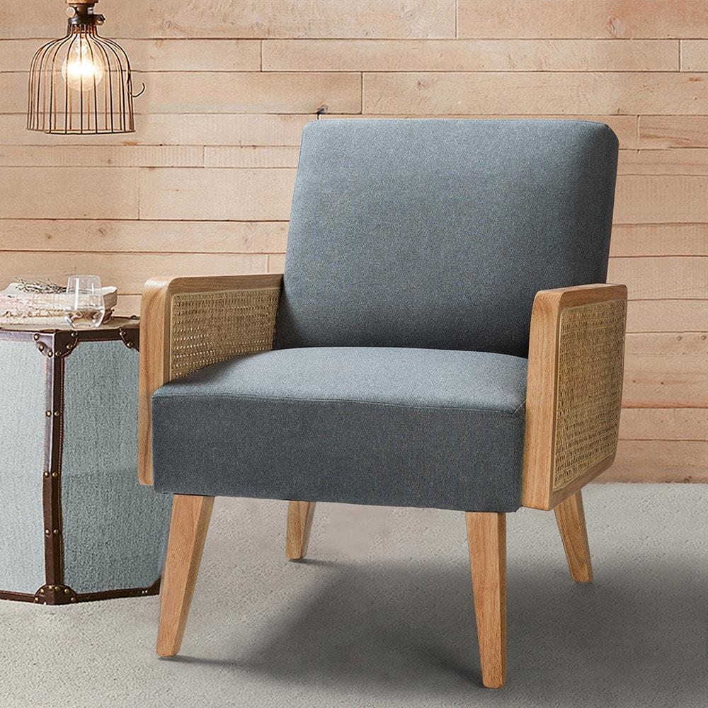 Farmhouse Accent Chair Rattan Armrests Fabric Upholstered Wooden Reading Armchair Living Bedroom Blue