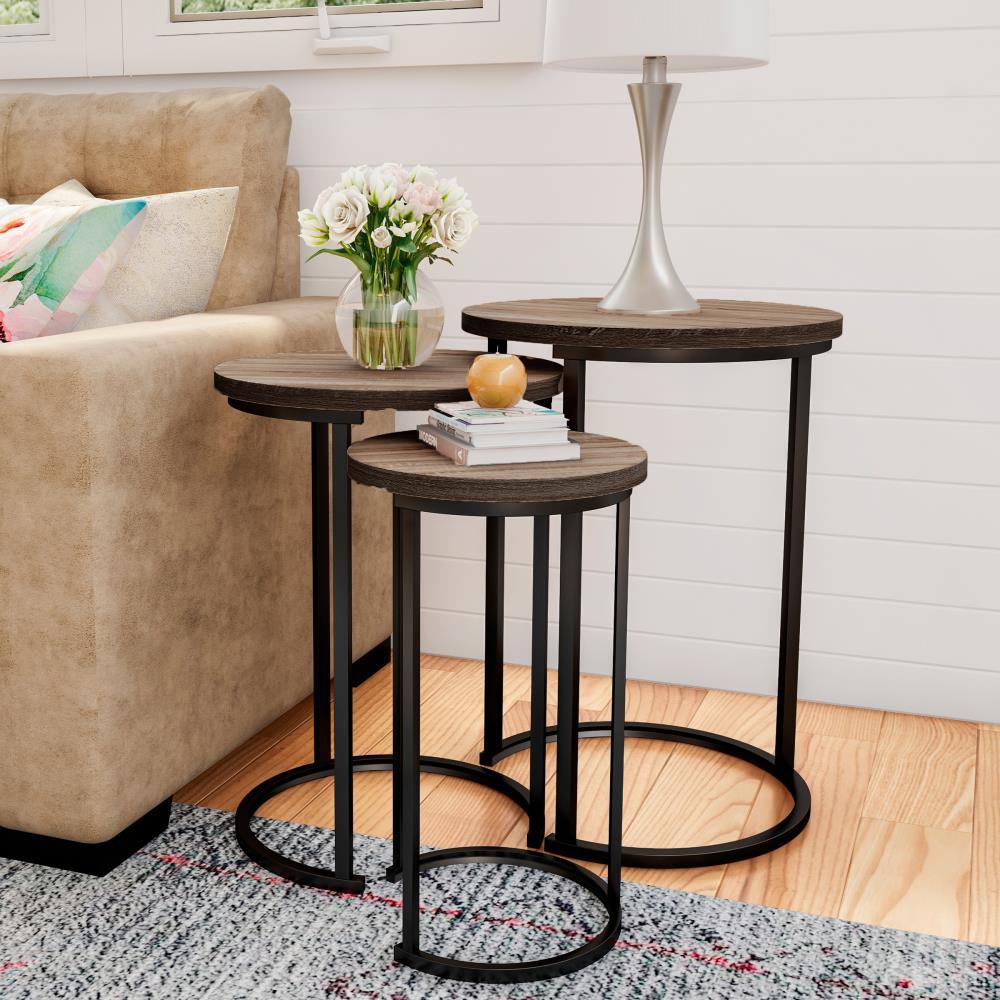 Hastings Home Set of 3 Round End Tables with Woodgrain-Look and Black Metal Base, Gray/Brown