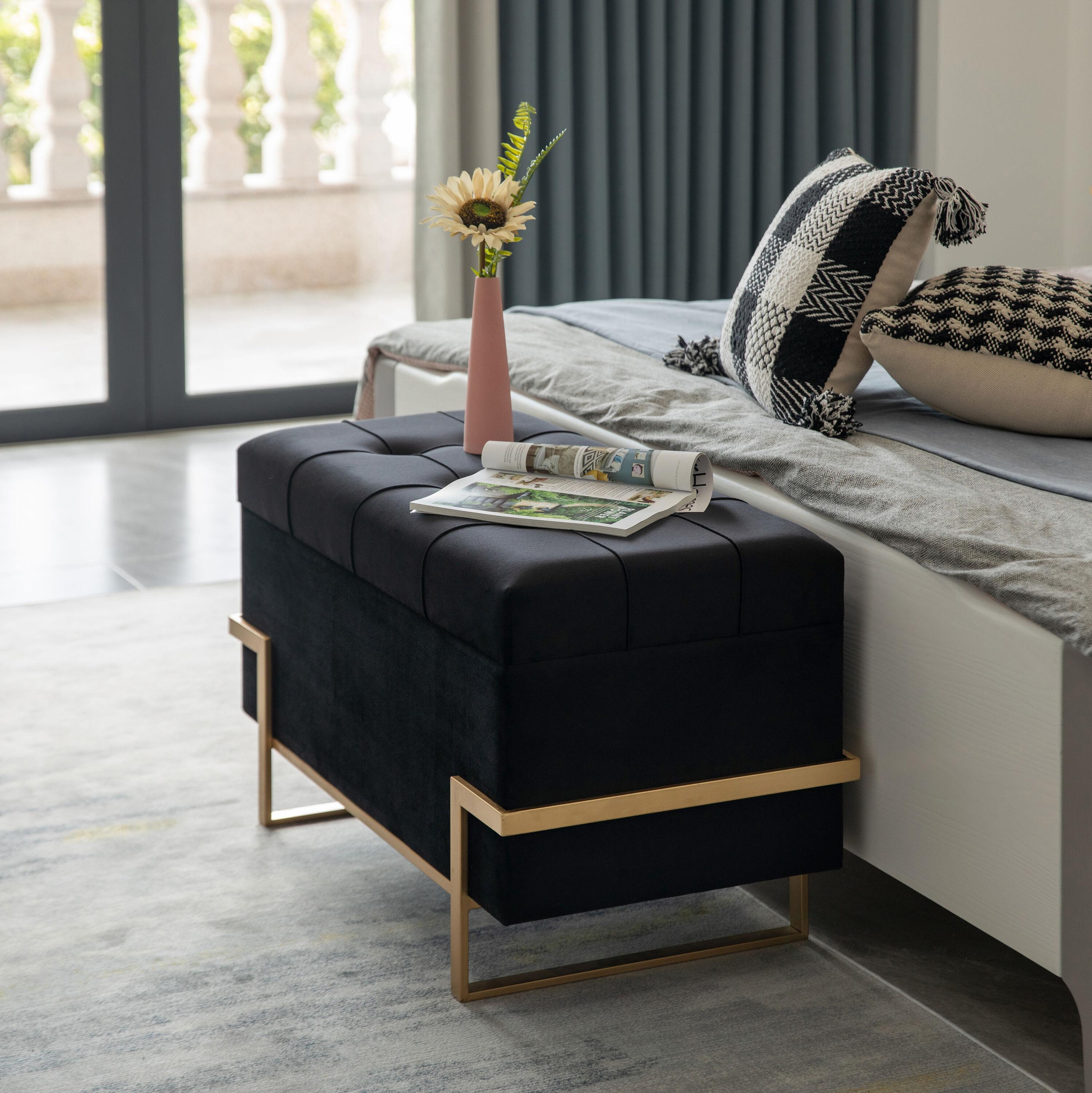 Fabulaxe Rectangle Velvet Storage Ottoman with Abstract Golden Legs | Sitting Bench for Living Room Home Decor with Unique Base Support (Black Large)