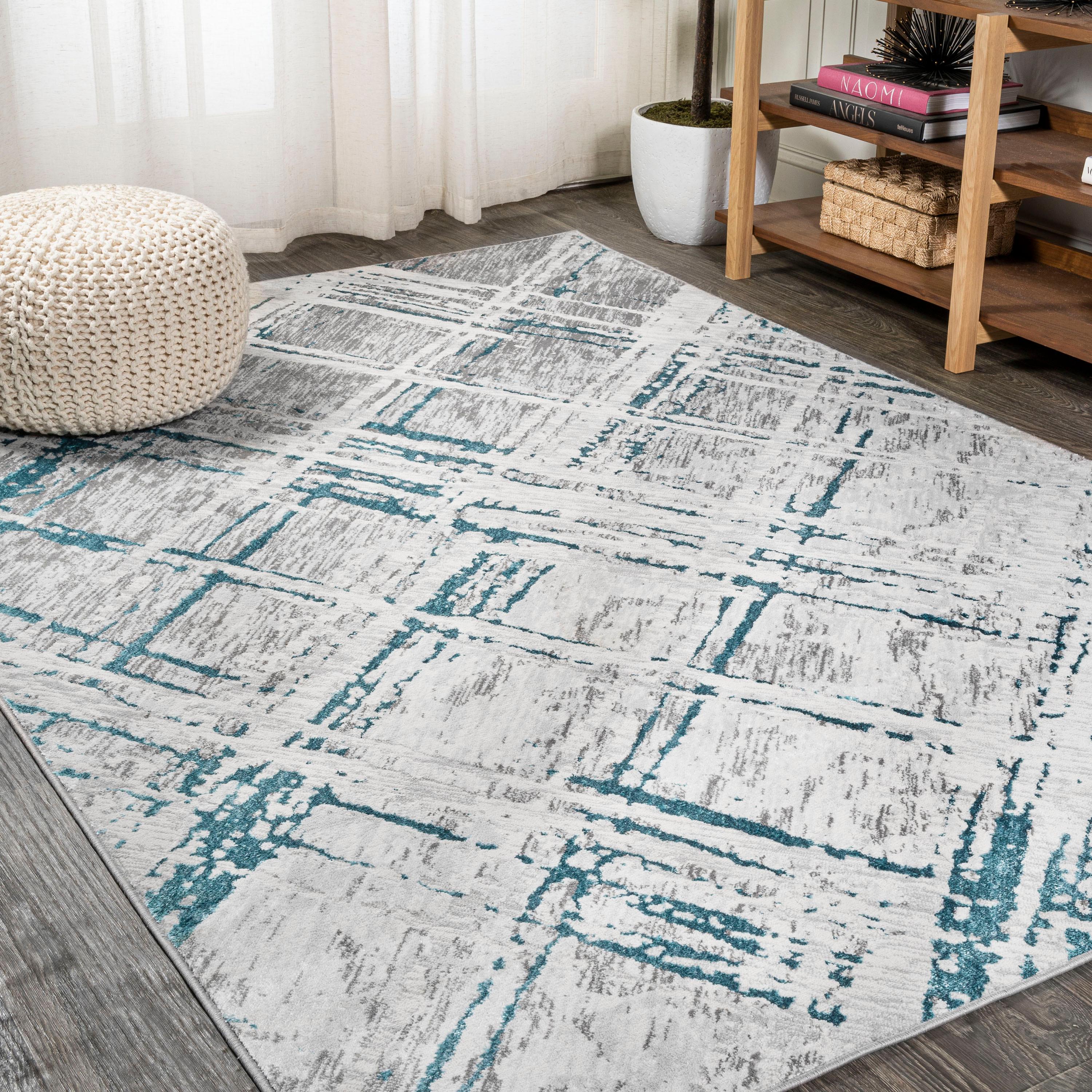 4'x6' Slant Modern Abstract Area Rug, Gray/Turquoise - JONATHAN Y