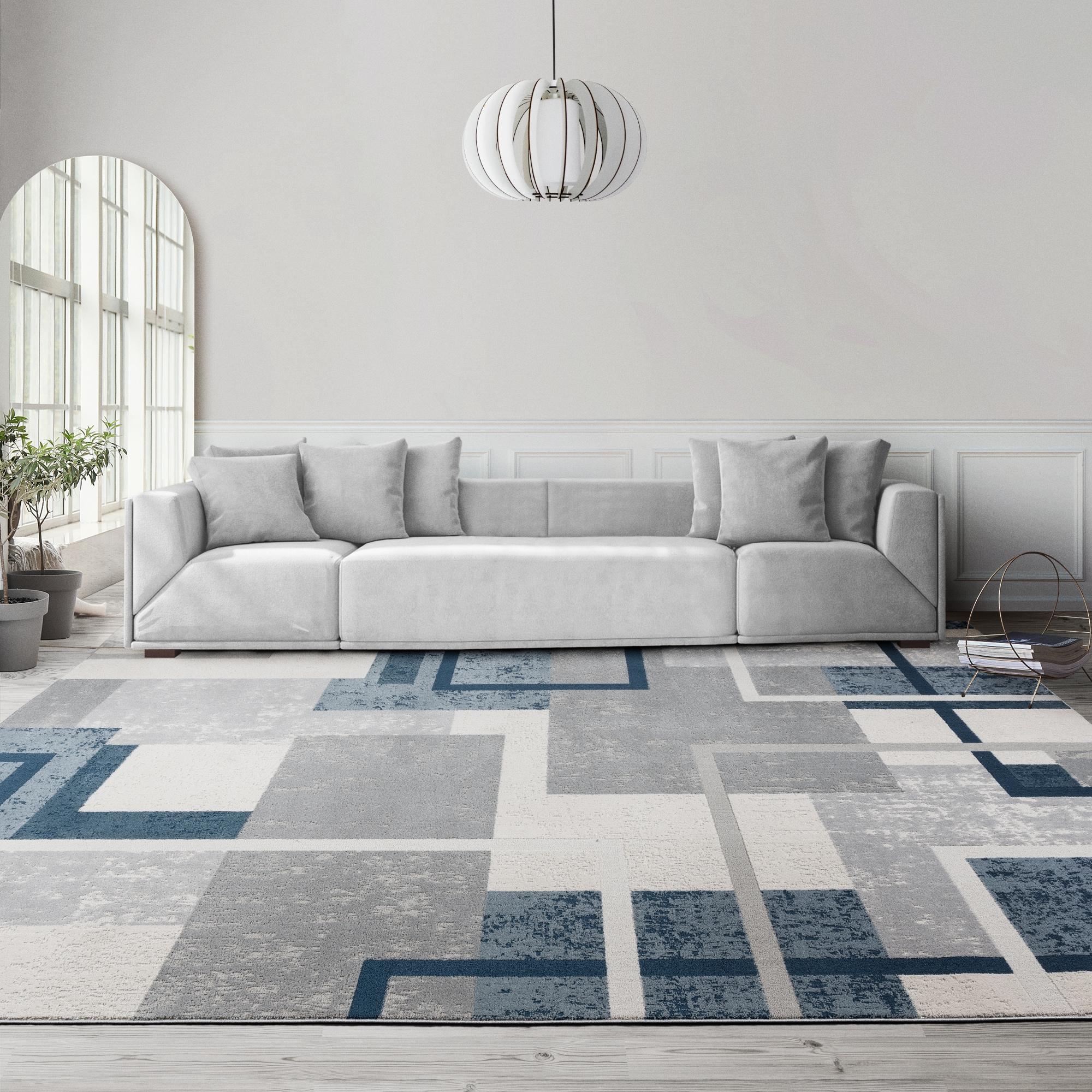 Gertmenian Ethan Abstract Geo Polyester/Polypropylene Modern Blue High-Low Area Rug